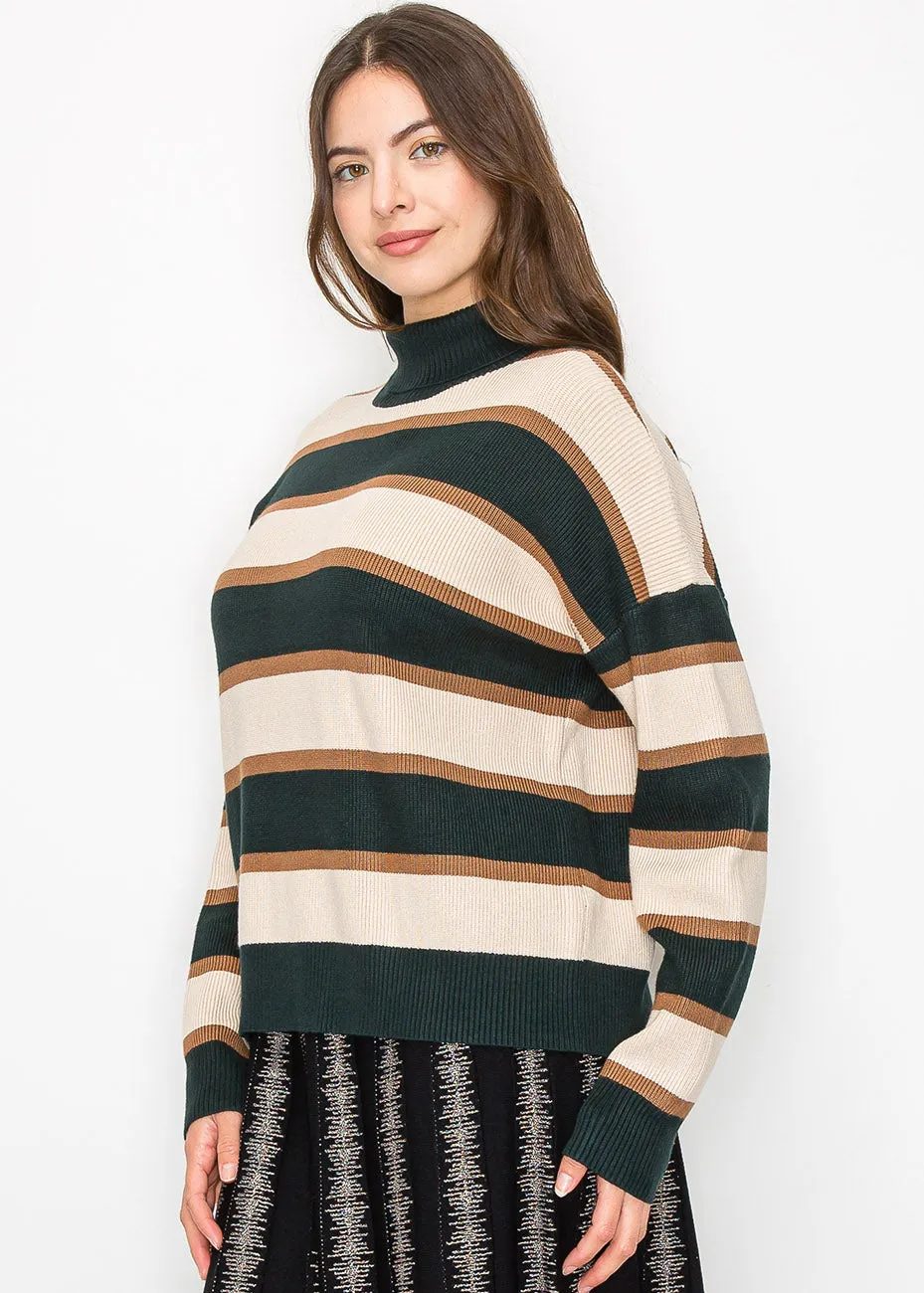 Forest Green Striped Turtleneck Sweater