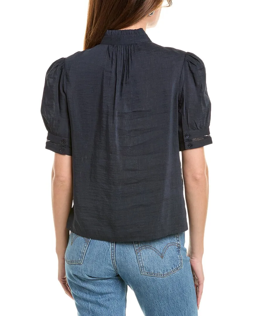 FRAME Denim Ruffle Collar Inset Lace Linen-Blend Top