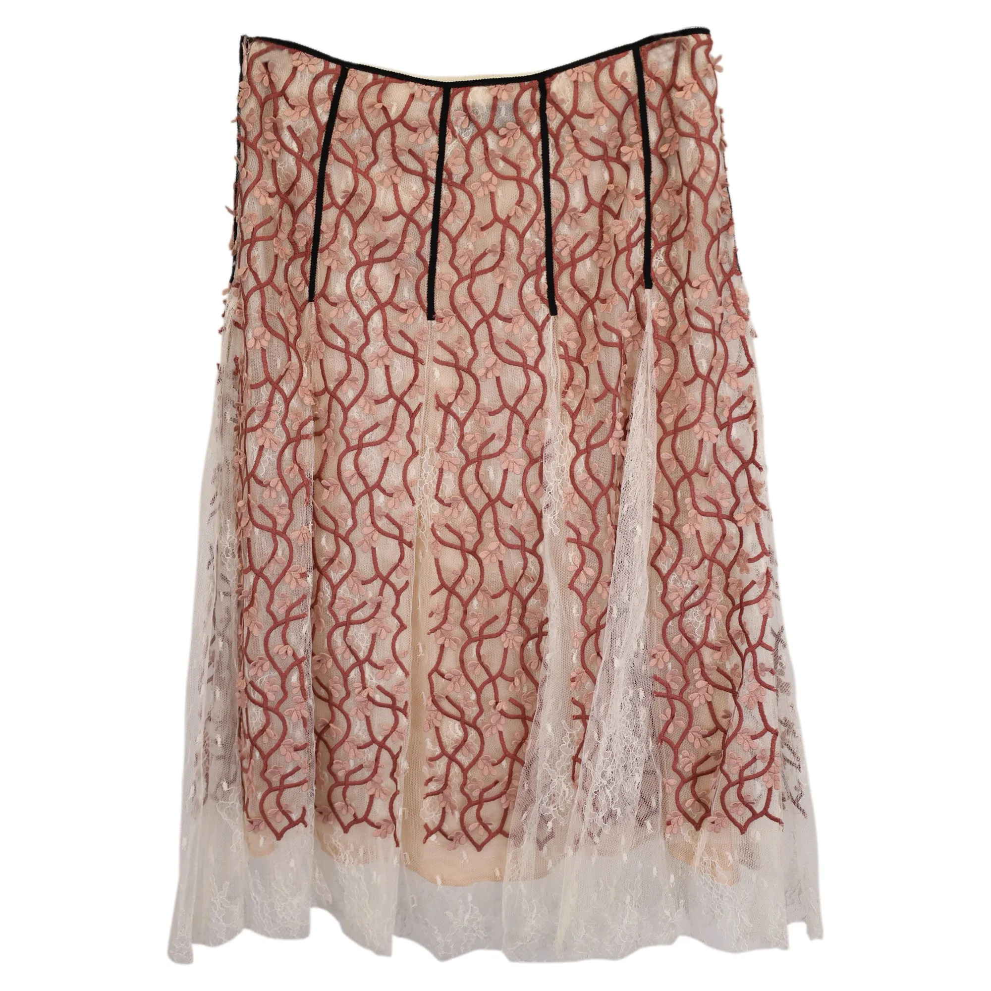 Giambattista Valli Floral Embroidered Midi Skirt in Red Polyamide