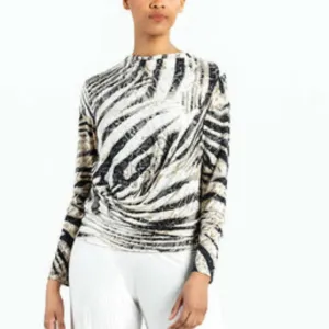 High Boat Neck Side Draped Top In Zebra