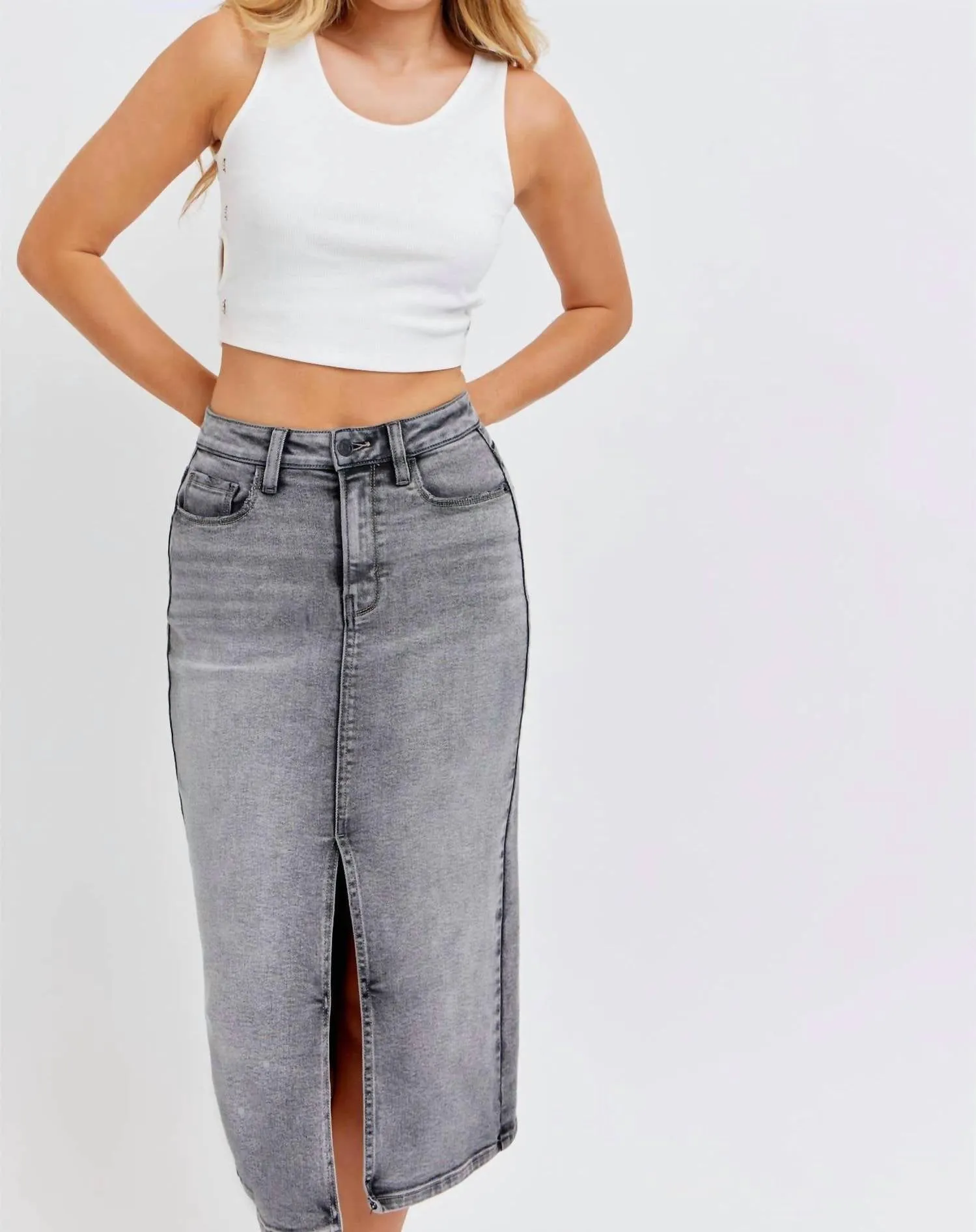 High Rise Midi Skirt In Grey