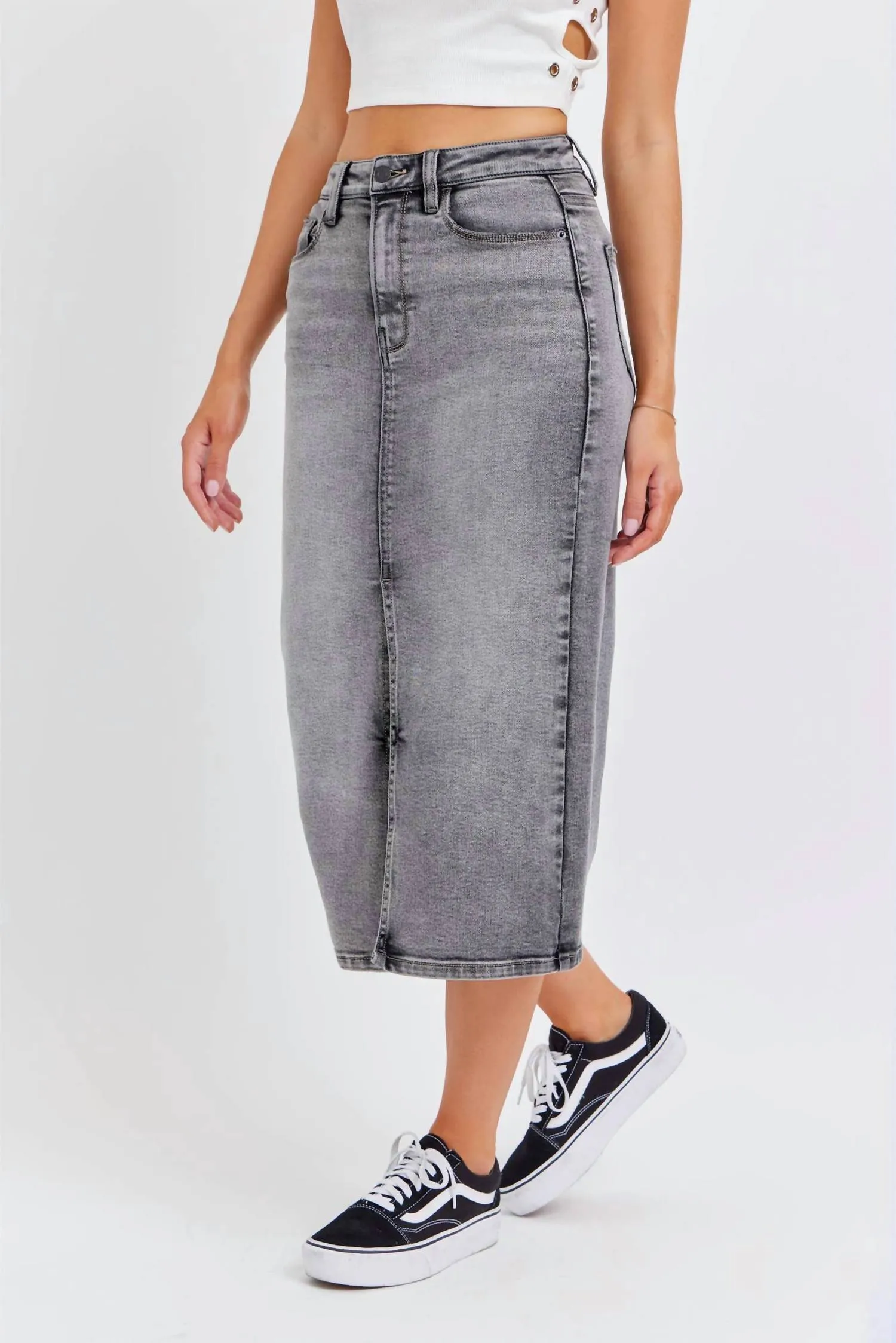 High Rise Midi Skirt In Grey