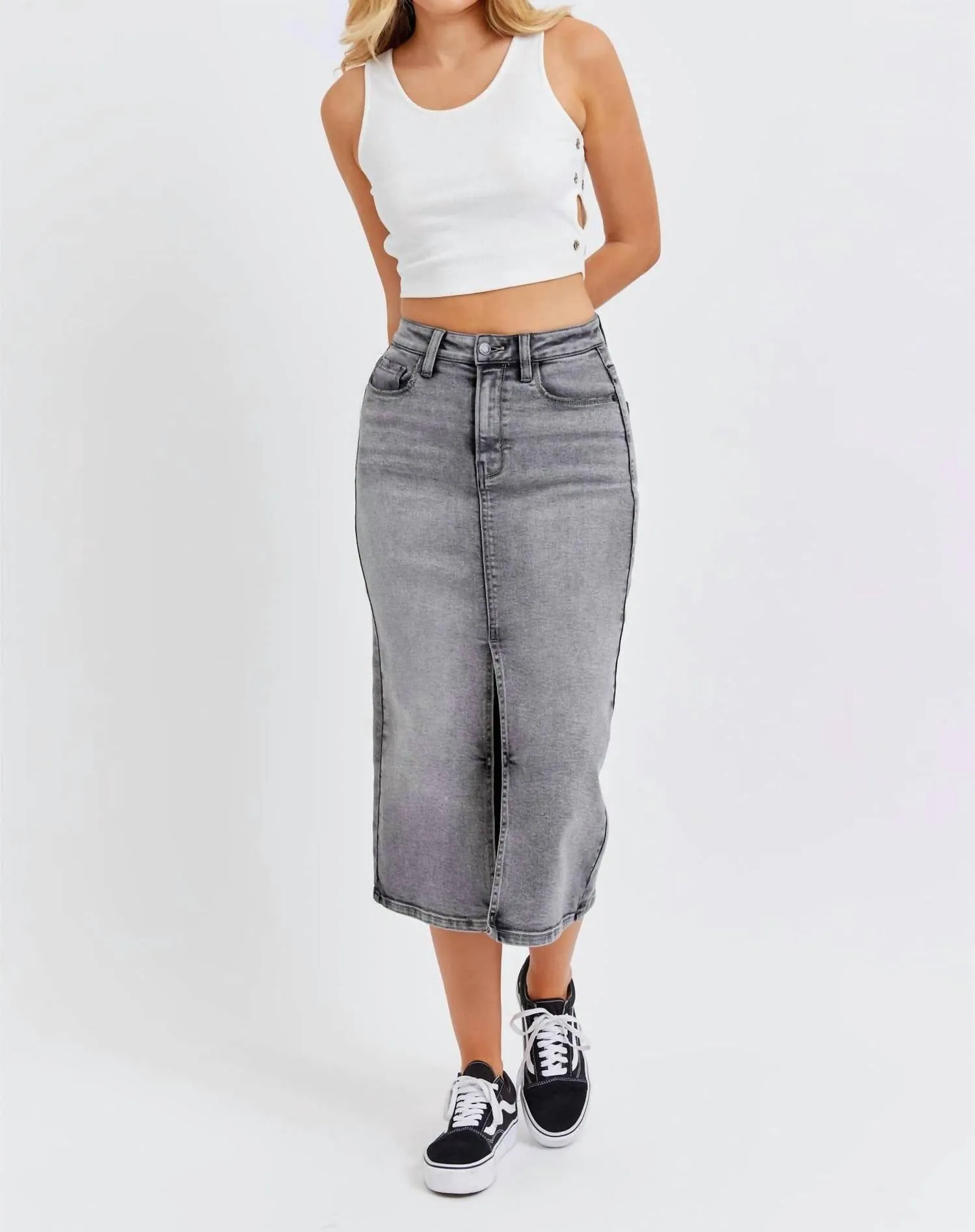 High Rise Midi Skirt In Grey