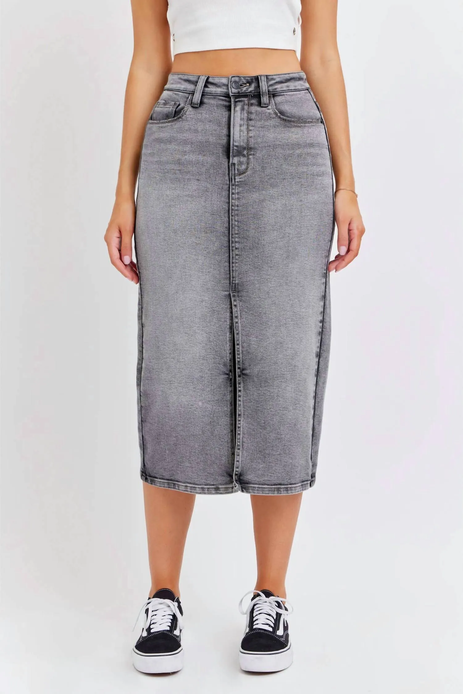 High Rise Midi Skirt In Grey