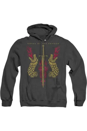 House Of The Dragon Sword And Dragon Heads Adult Heather Hoodie / Hooded Sweatshirt