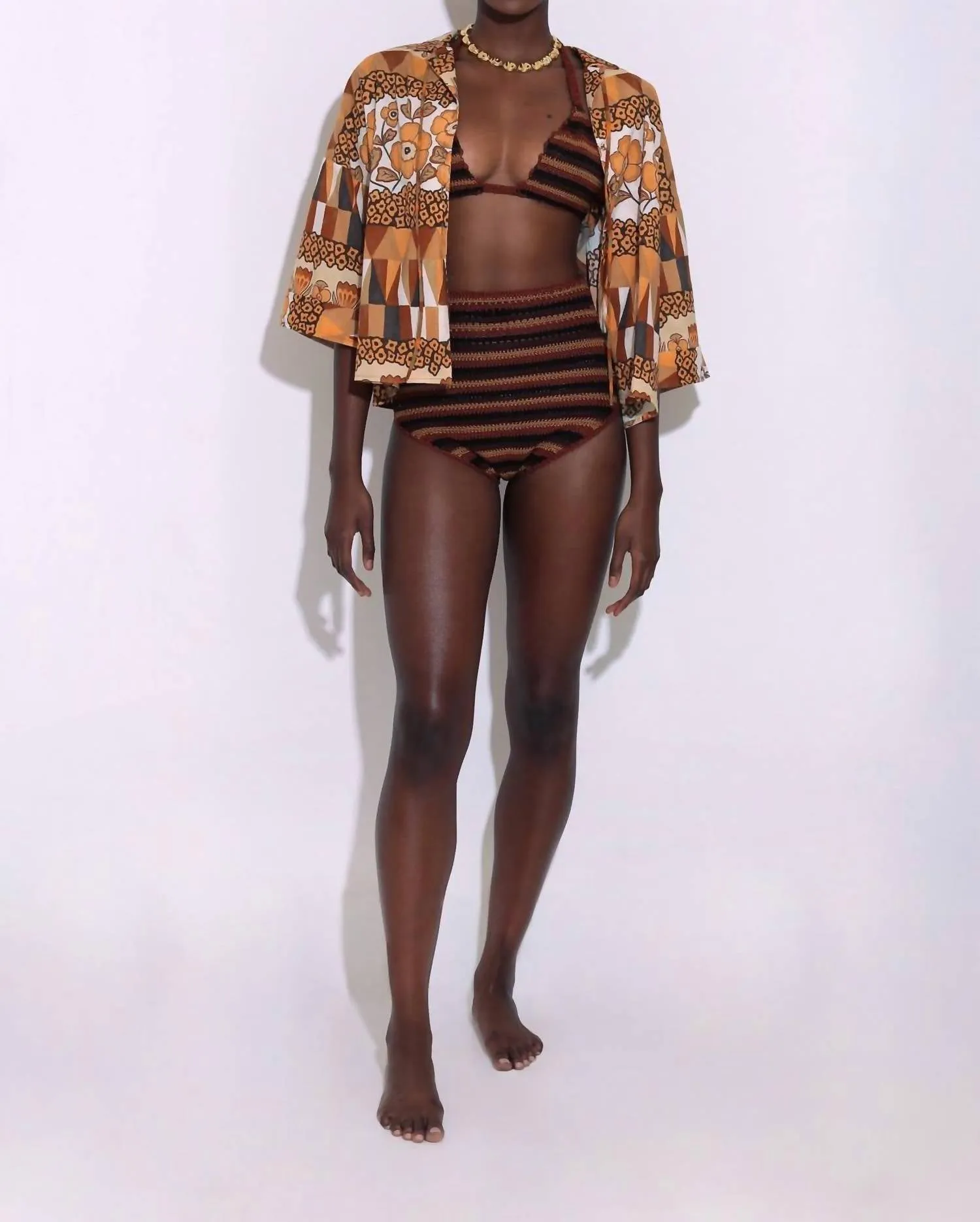 Kimono Top In Rombus Flowers Brown Print Pattern