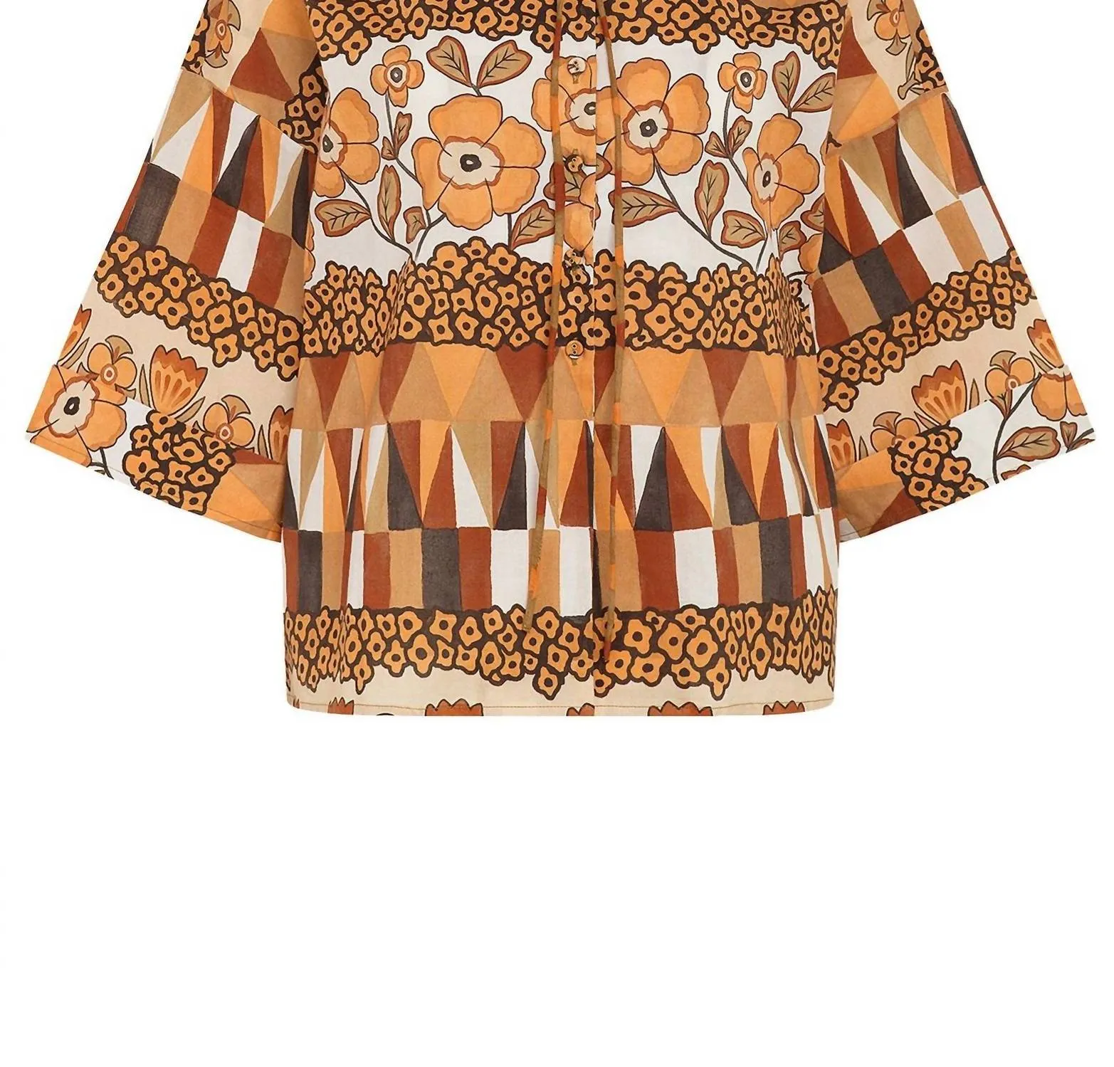 Kimono Top In Rombus Flowers Brown Print Pattern