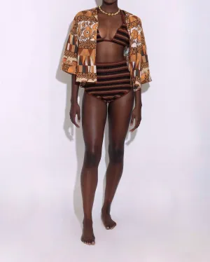 Kimono Top In Rombus Flowers Brown Print Pattern