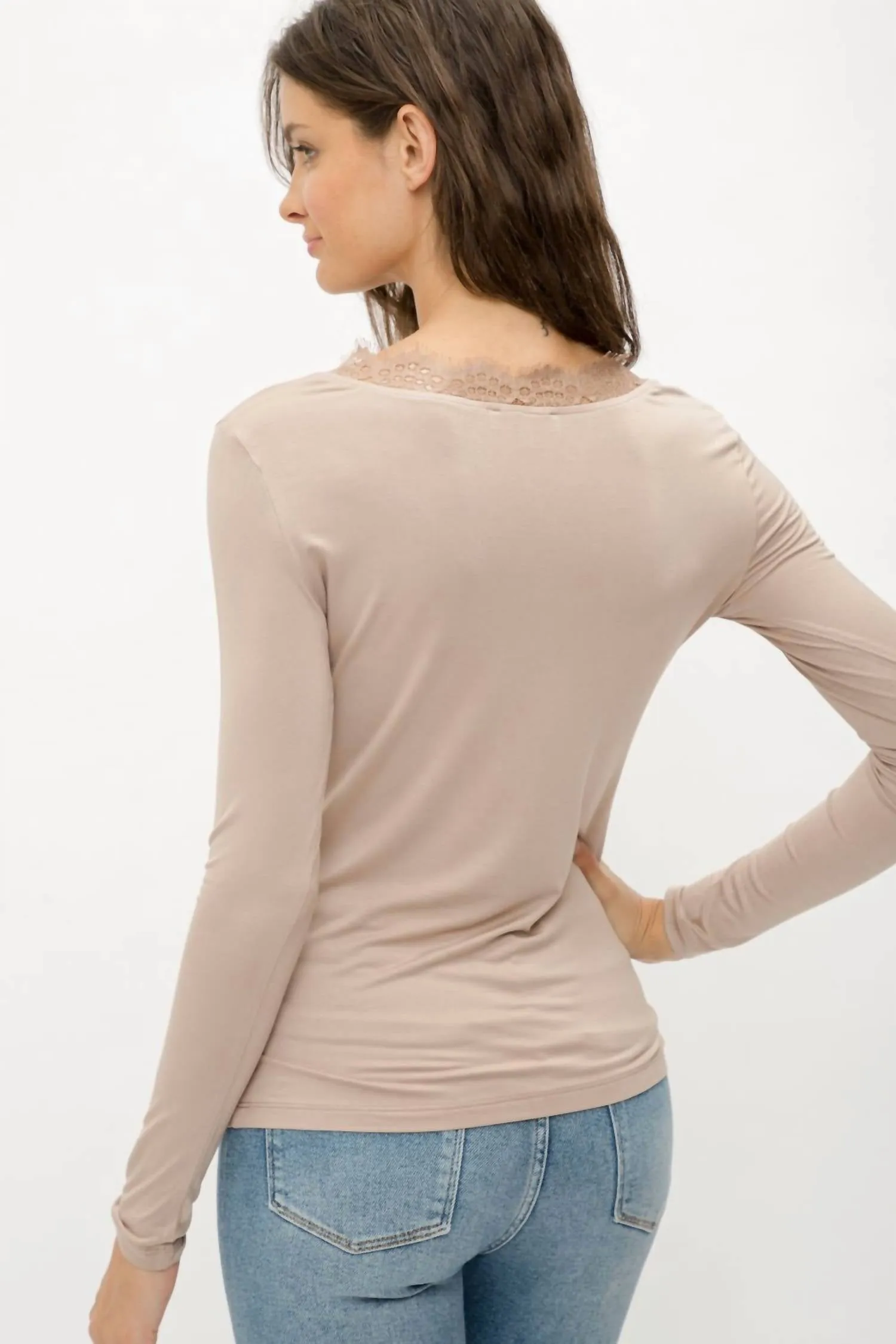 Lace V Neck Modal Top In Dusty Pink