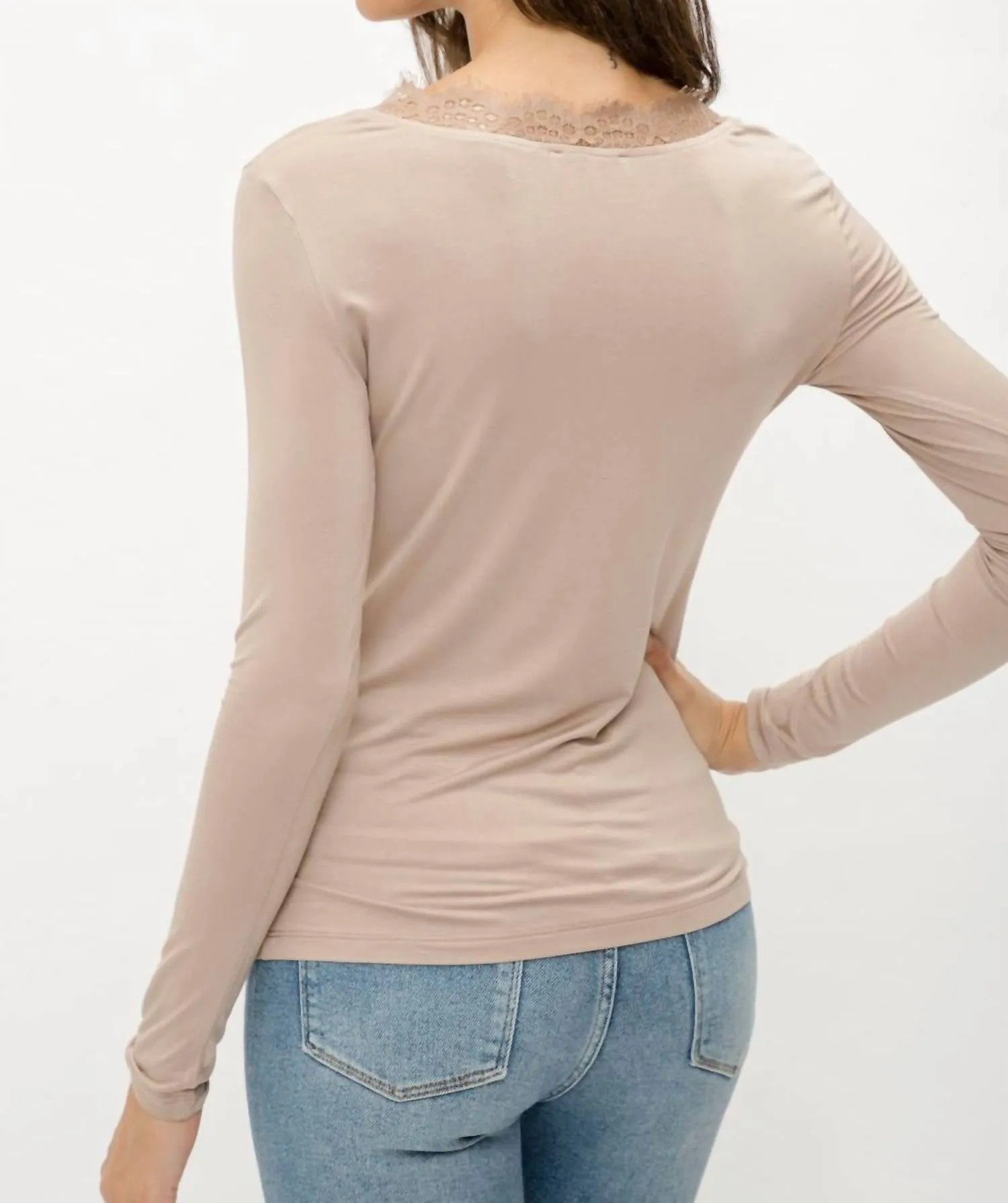 Lace V Neck Modal Top In Dusty Pink
