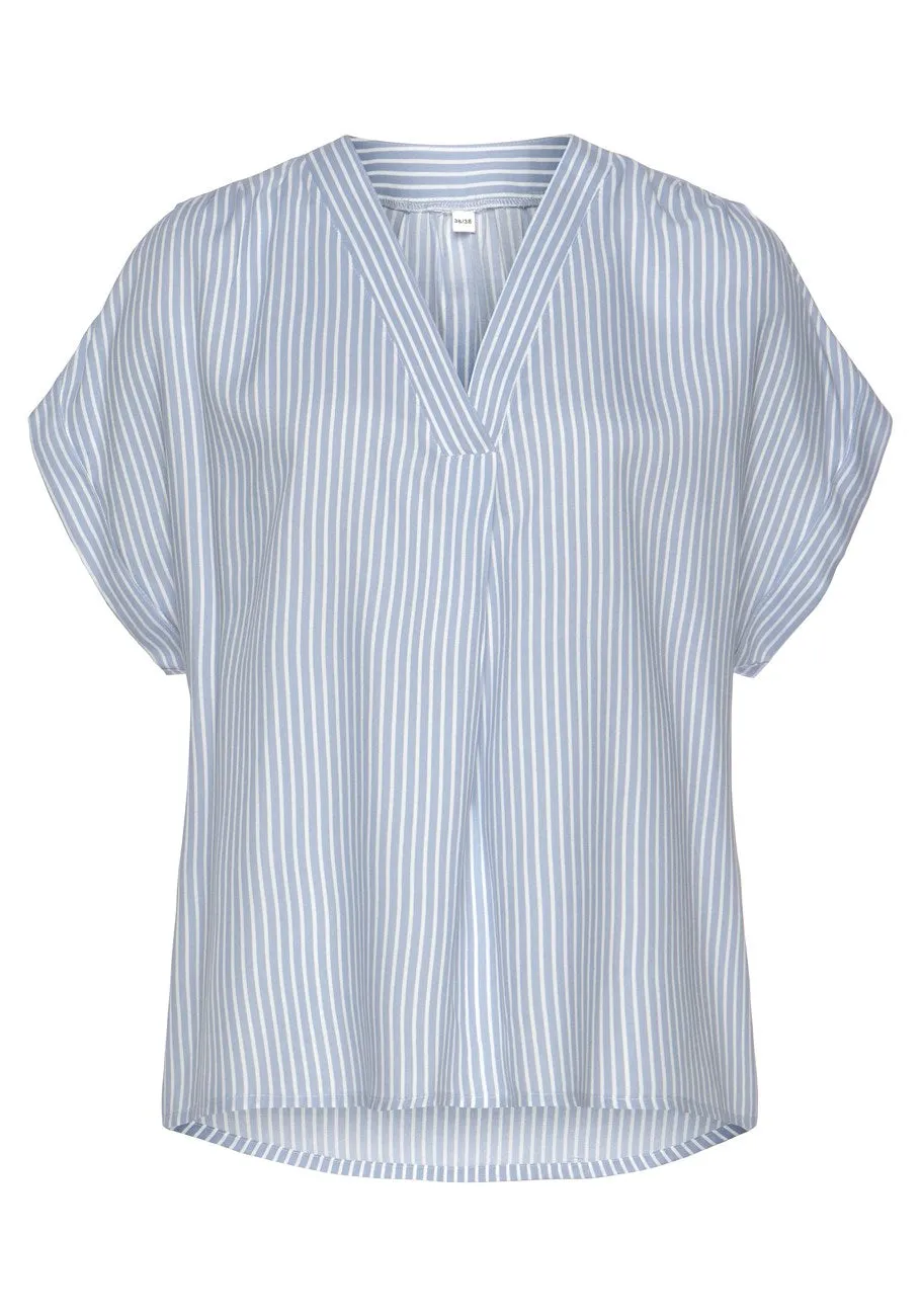 LASCANA Striped V-Neck Blouse Summery Vertical Blue White Stripes Shirt top Womens