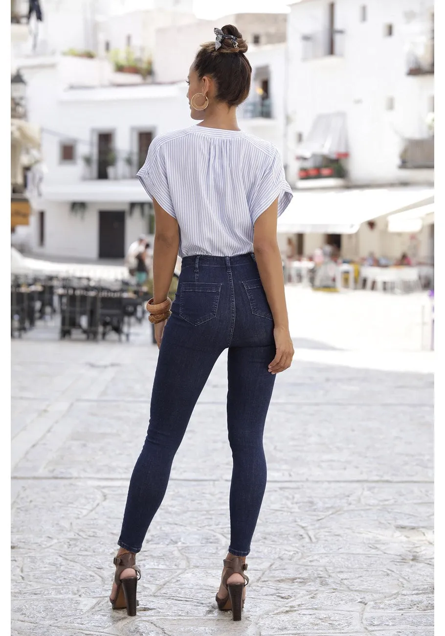 LASCANA Striped V-Neck Blouse Summery Vertical Blue White Stripes Shirt top Womens