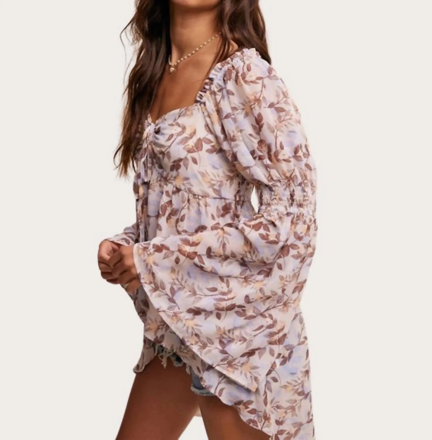 Leaf Print Bell Sleeve Top In Brown Multi