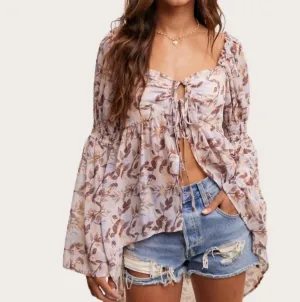 Leaf Print Bell Sleeve Top In Brown Multi