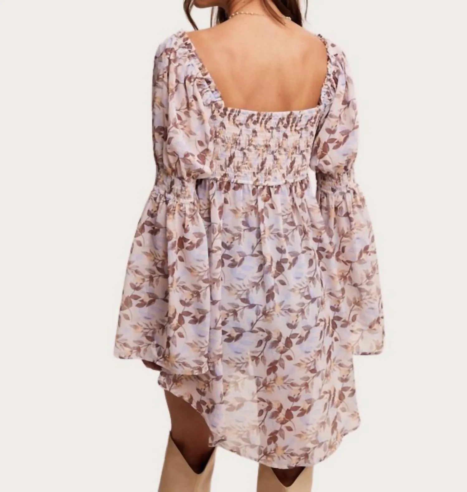 Leaf Print Bell Sleeve Top In Brown Multi