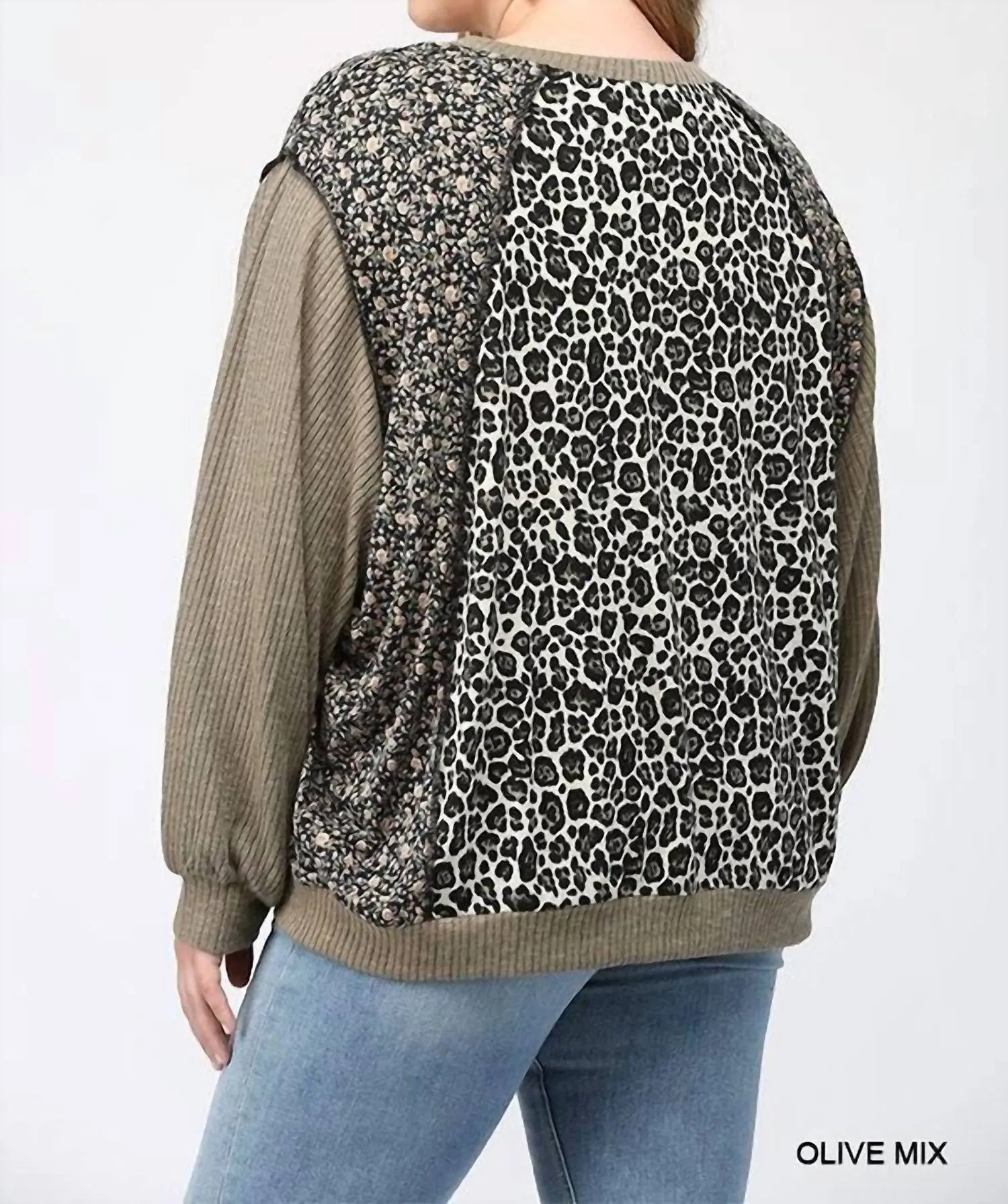 Leopard And Ditsy Mixed Print Dolman Top In Olive
