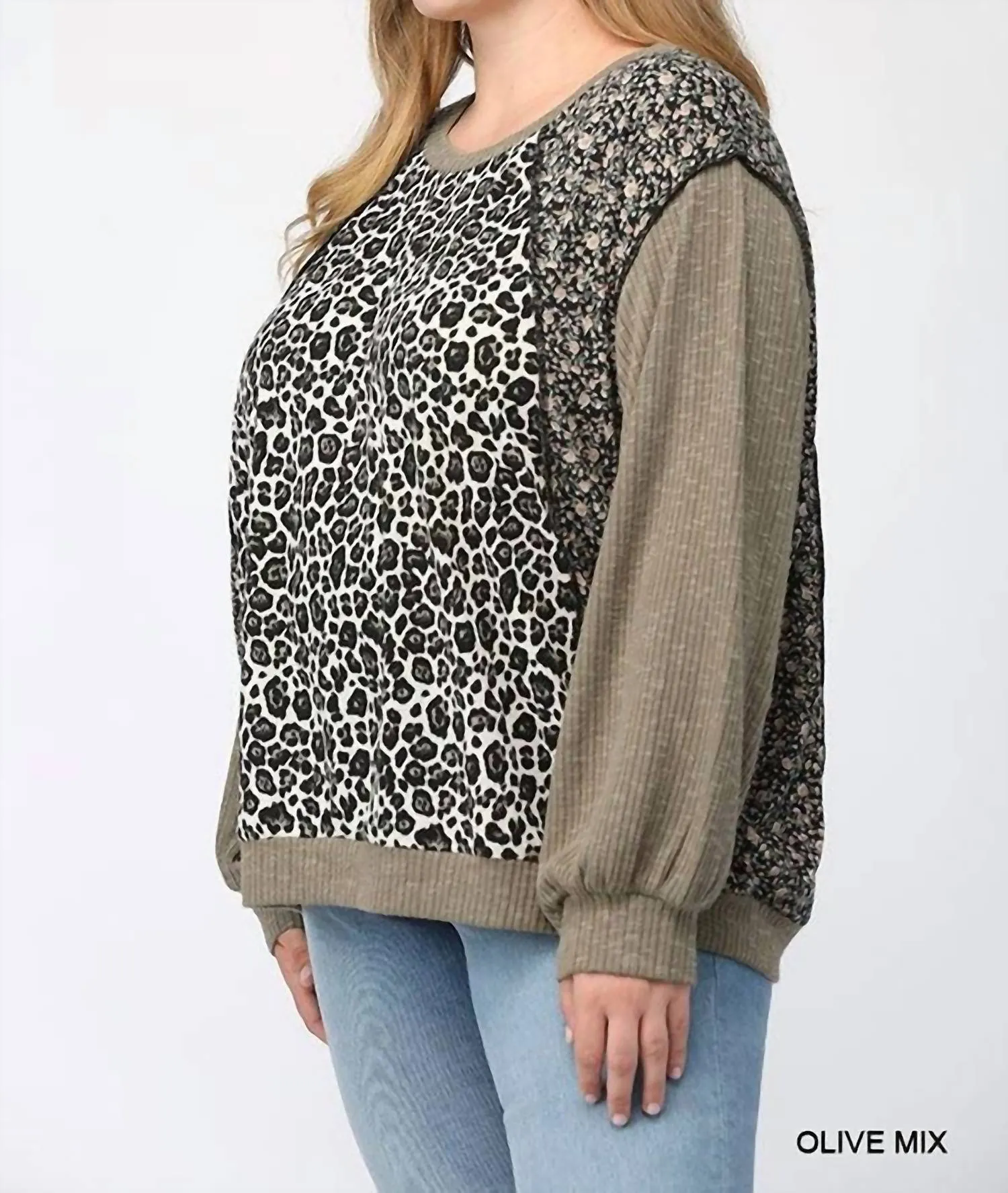 Leopard And Ditsy Mixed Print Dolman Top In Olive