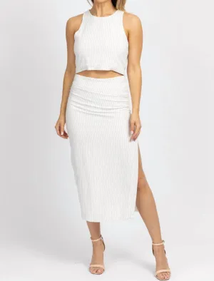 Linen Pinstripe Midi Skirt Set In White