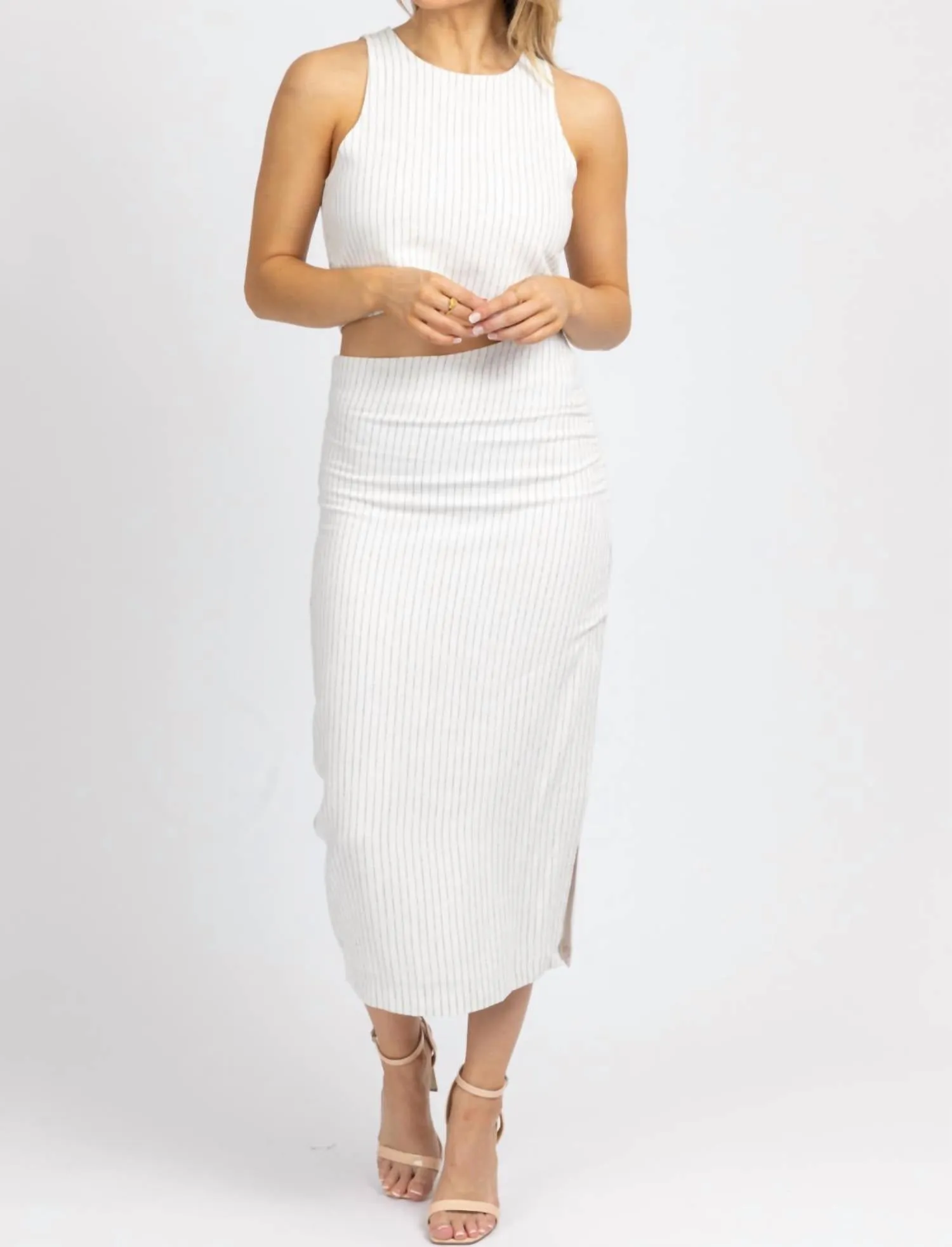 Linen Pinstripe Midi Skirt Set In White
