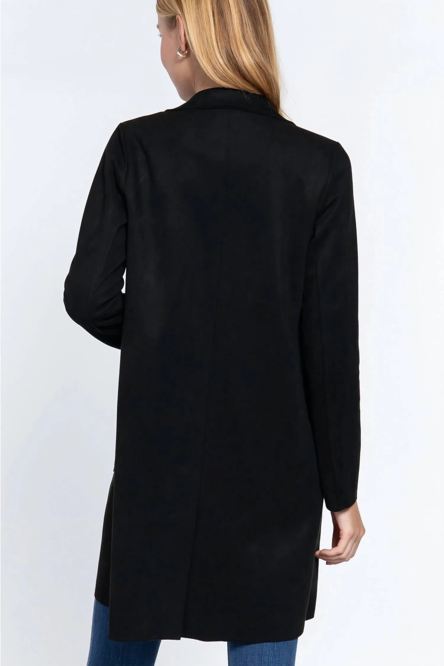 Long Sleeve Open Front Faux Suede Jacket In Black