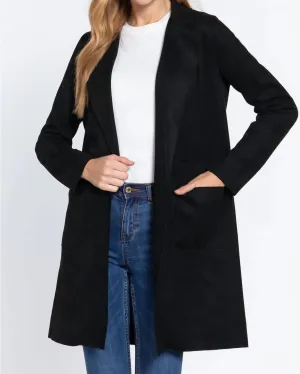 Long Sleeve Open Front Faux Suede Jacket In Black