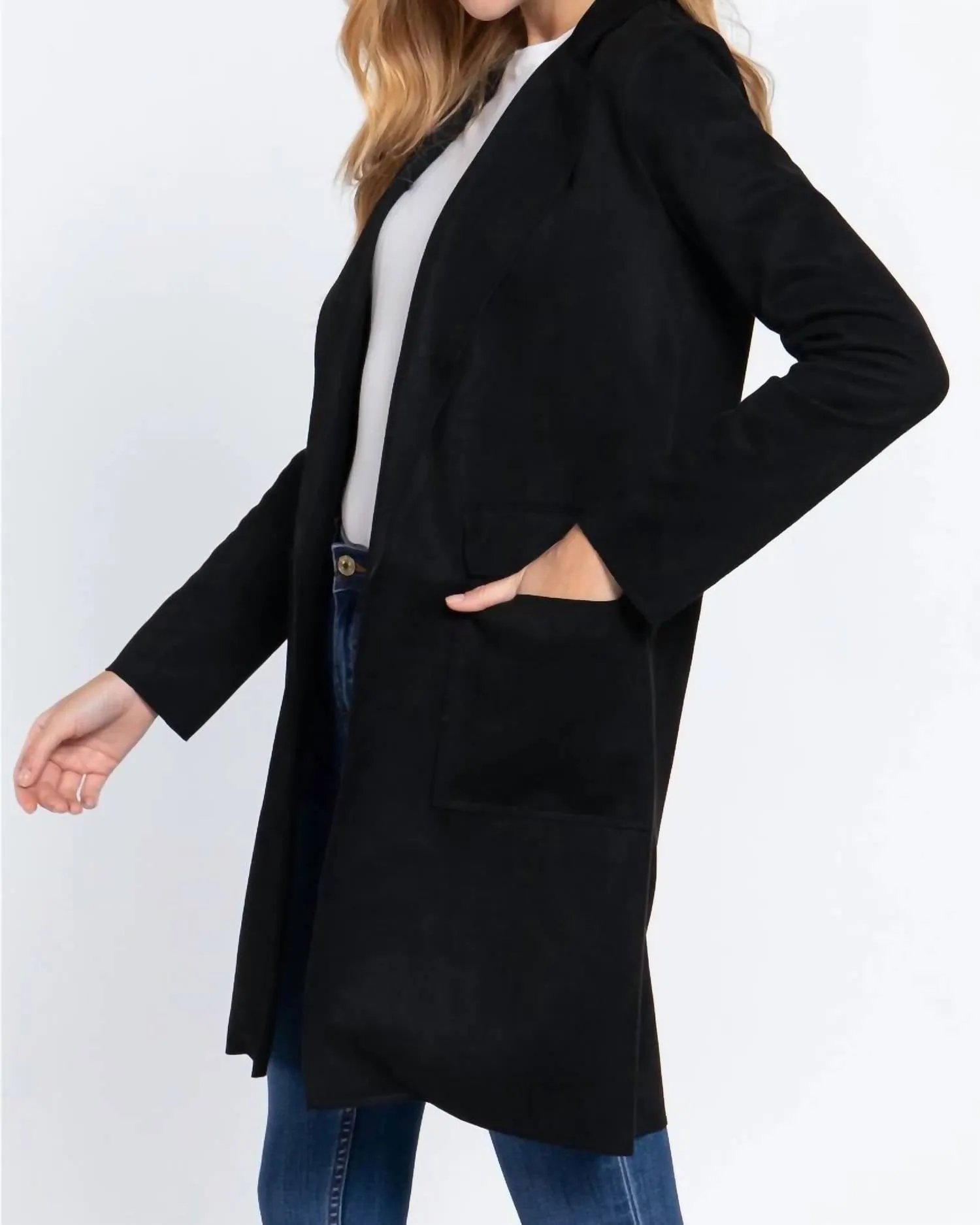 Long Sleeve Open Front Faux Suede Jacket In Black