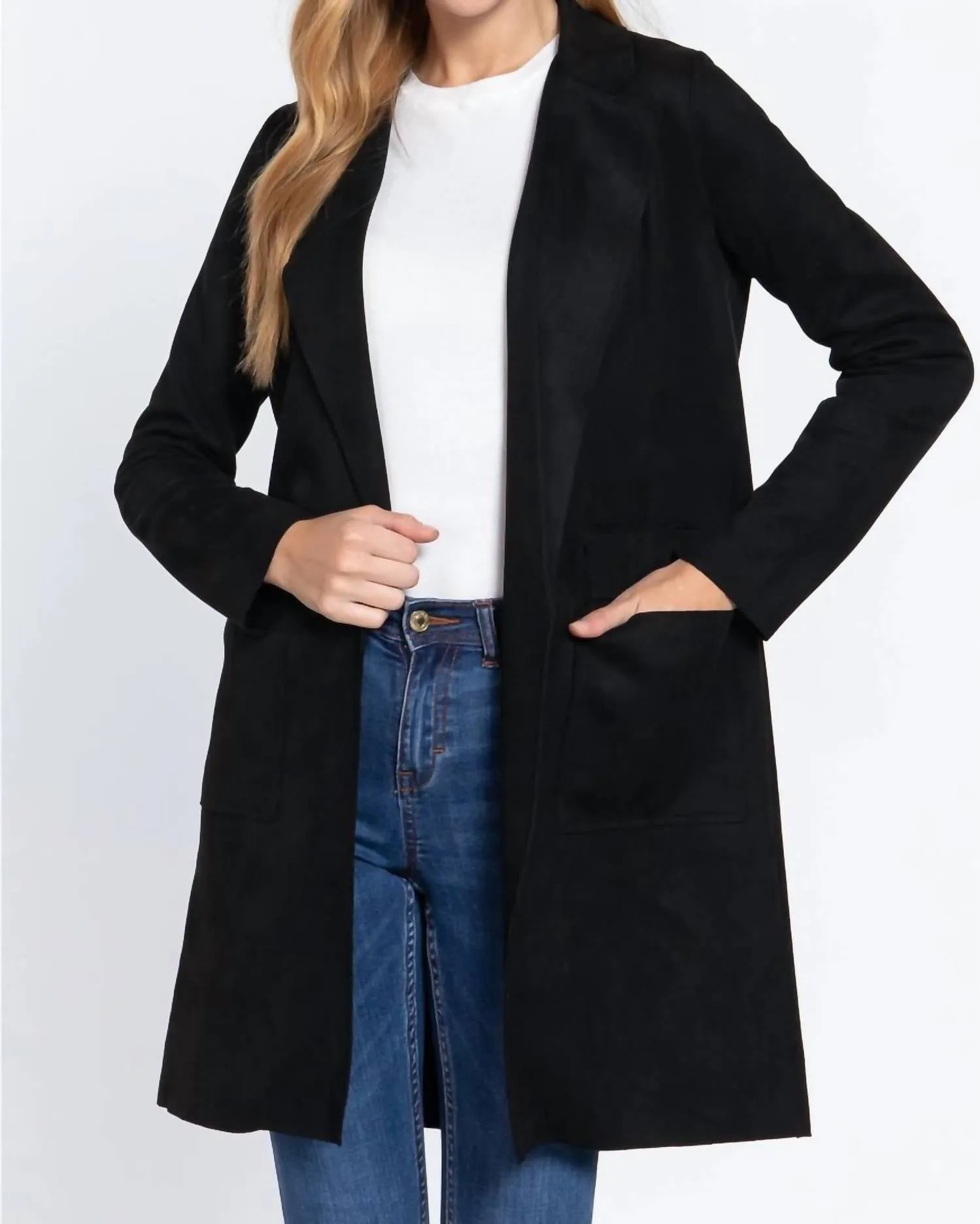 Long Sleeve Open Front Faux Suede Jacket In Black