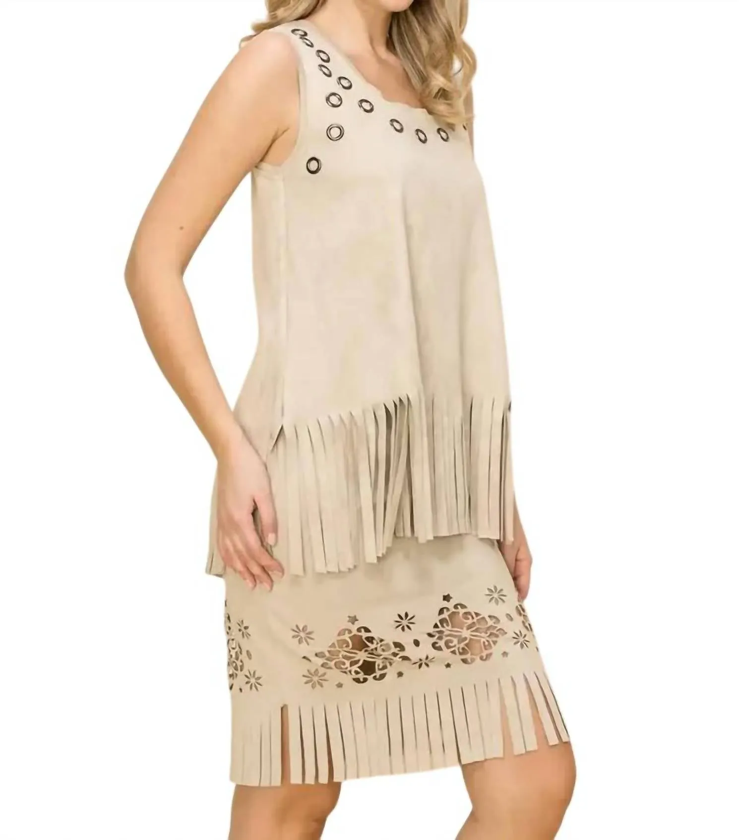 Lonni Laser Cut Fringe Skirt In Natural