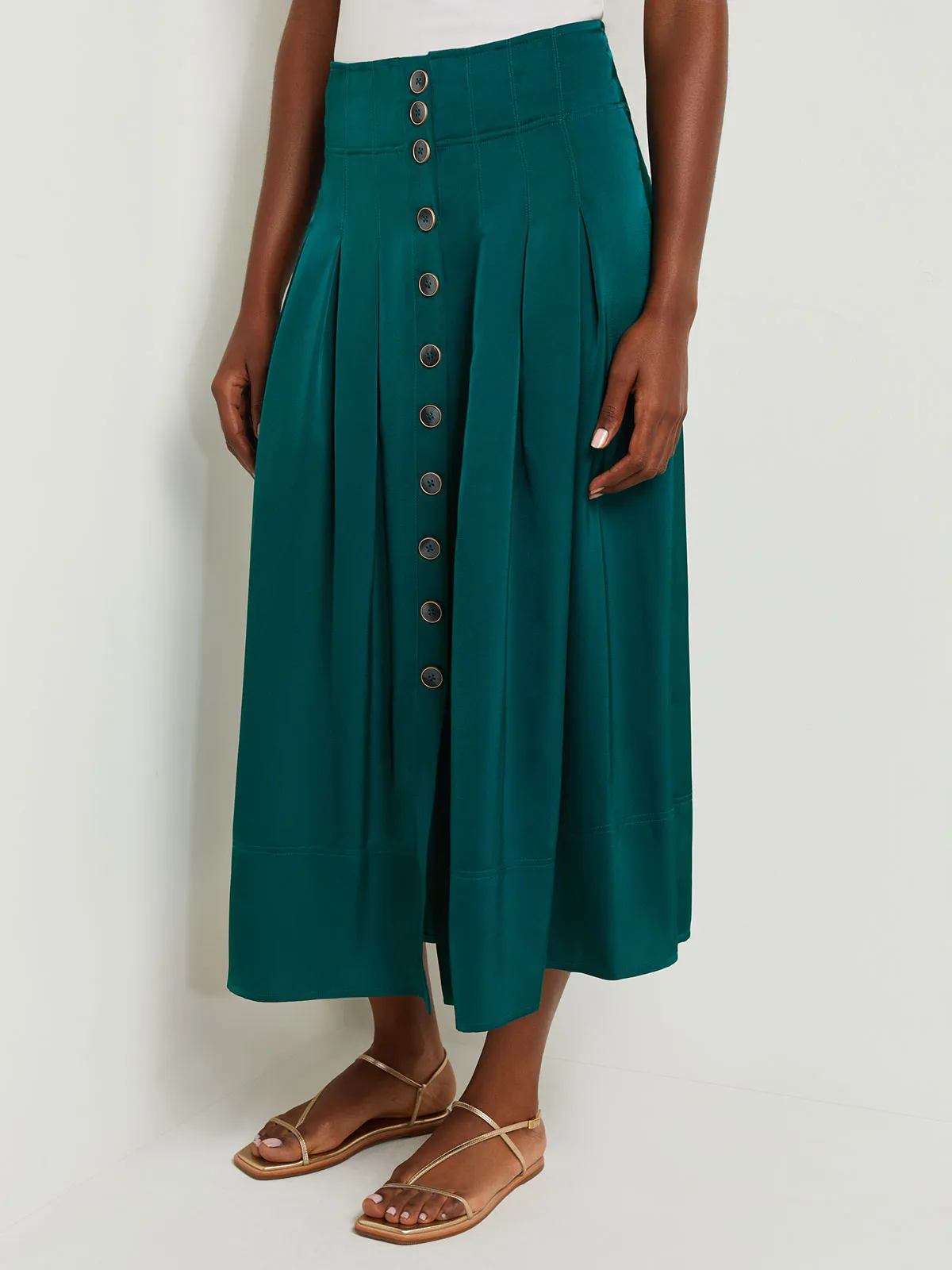 Maxi Button Front A-Line Skirt - Pleated Woven