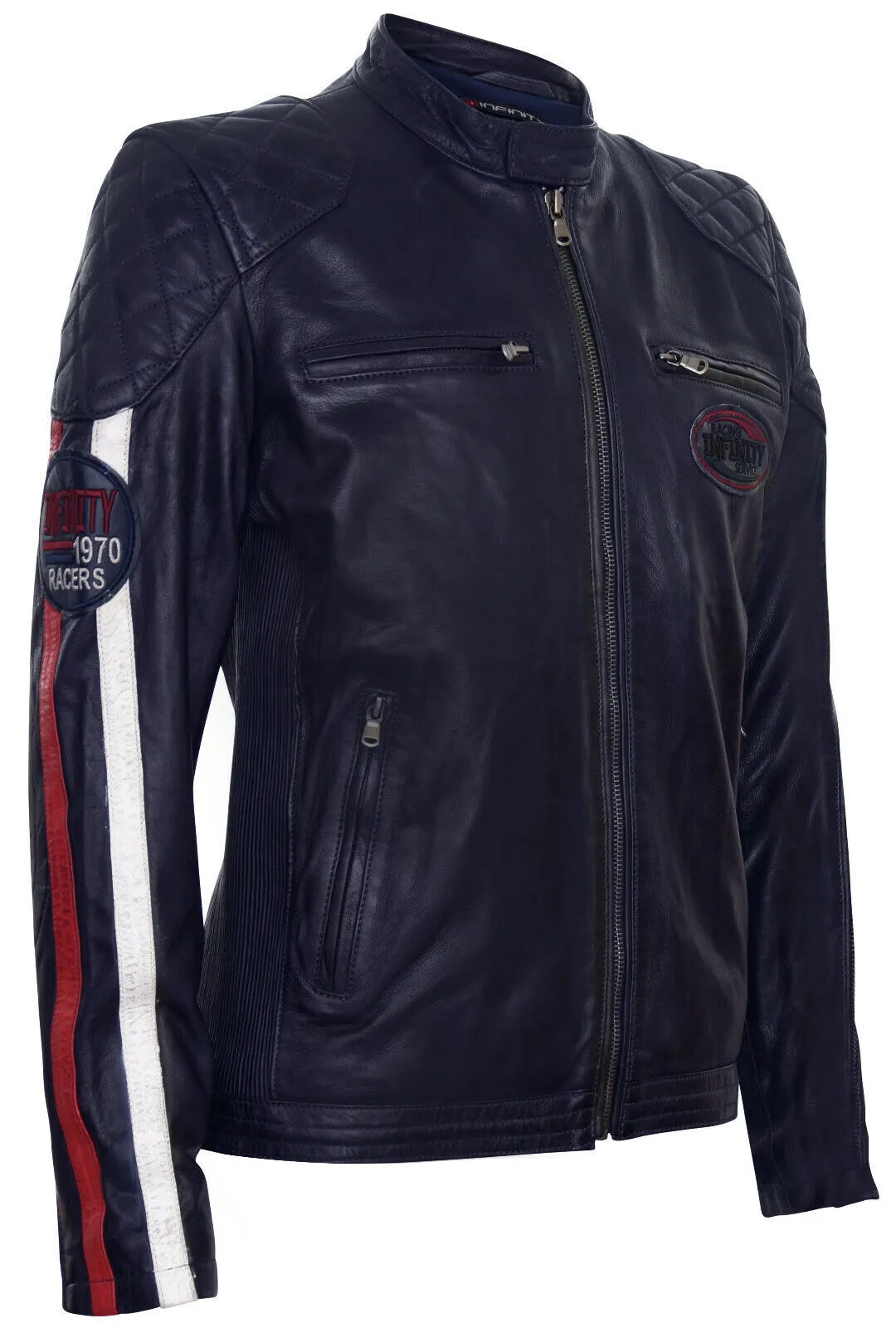 Men's Classic Striped Racing Leather Jacket- Barcelona