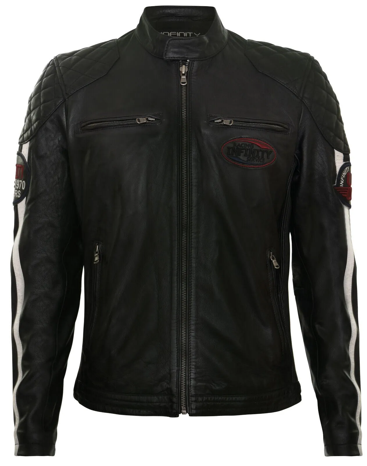 Men's Classic Striped Racing Leather Jacket- Barcelona