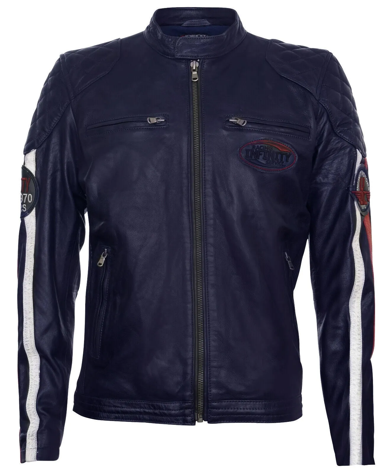 Men's Classic Striped Racing Leather Jacket- Barcelona