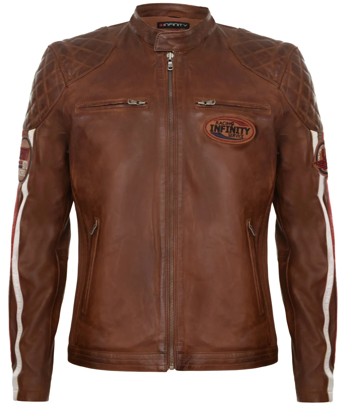 Men's Classic Striped Racing Leather Jacket- Barcelona