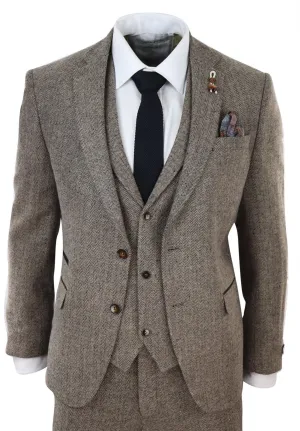 Mens Oak Brown 3 Piece Tweed Suit Vintage Harringbone 1920s Retro Peaky Blinders