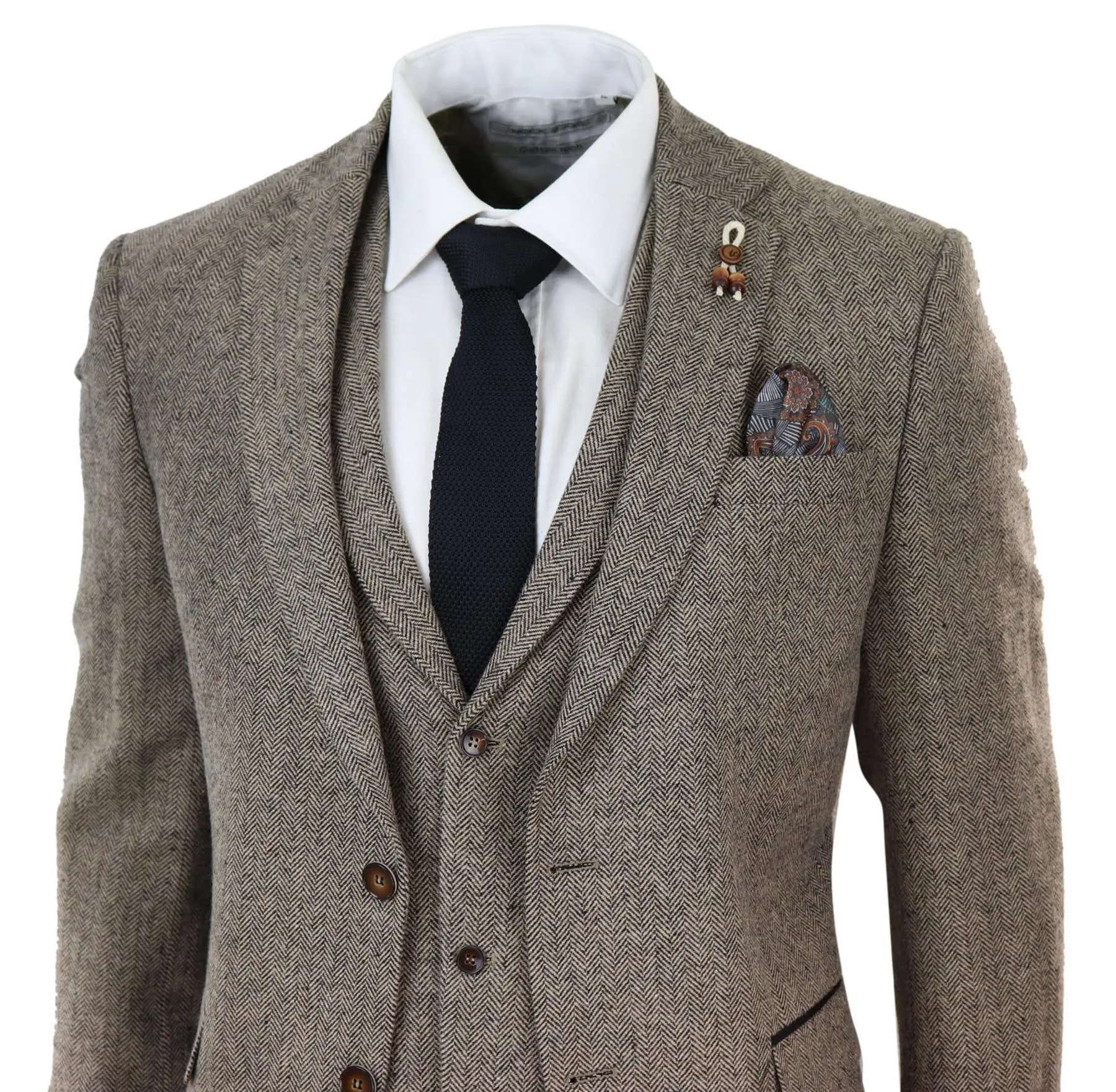 Mens Oak Brown 3 Piece Tweed Suit Vintage Harringbone 1920s Retro Peaky Blinders