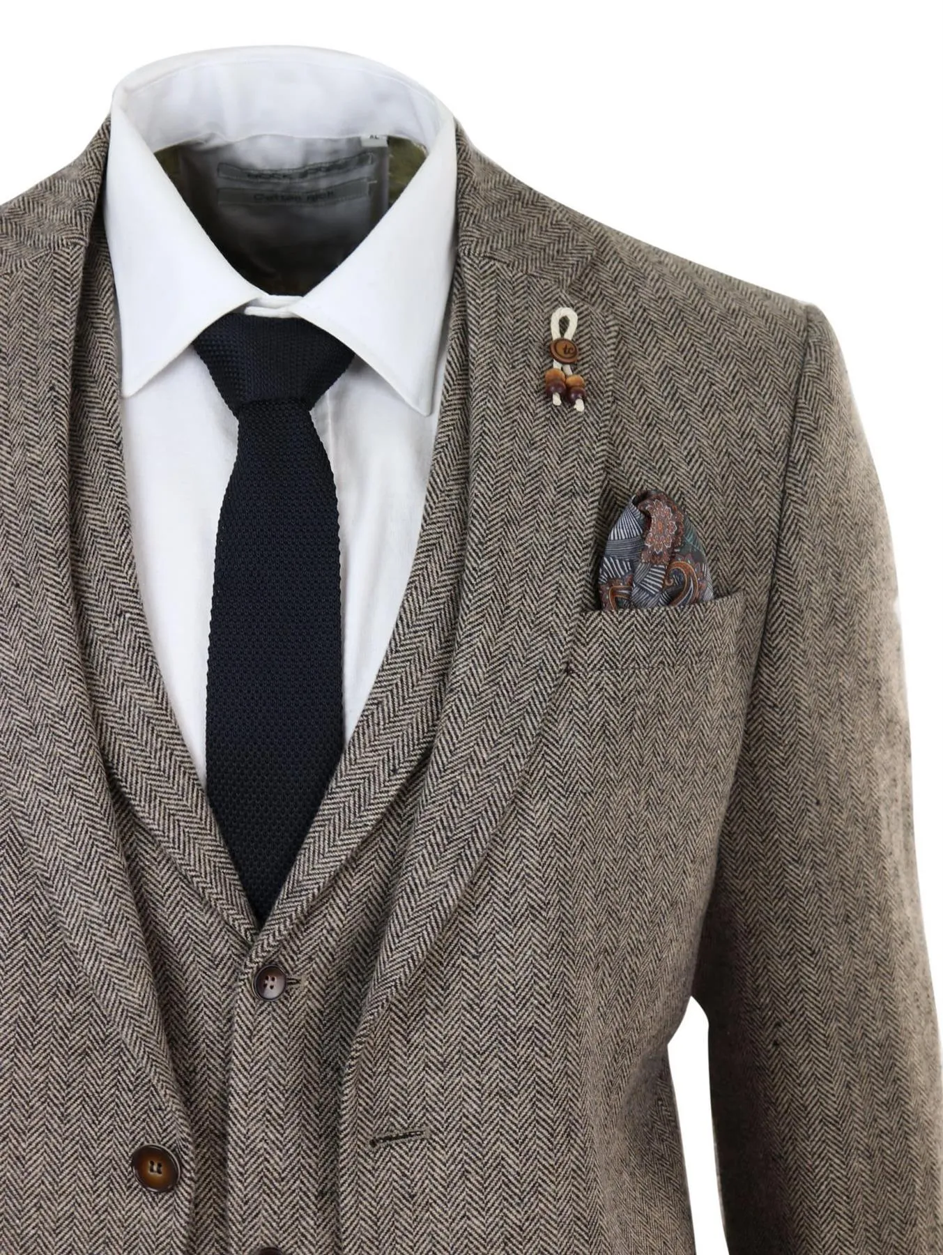 Mens Oak Brown 3 Piece Tweed Suit Vintage Harringbone 1920s Retro Peaky Blinders