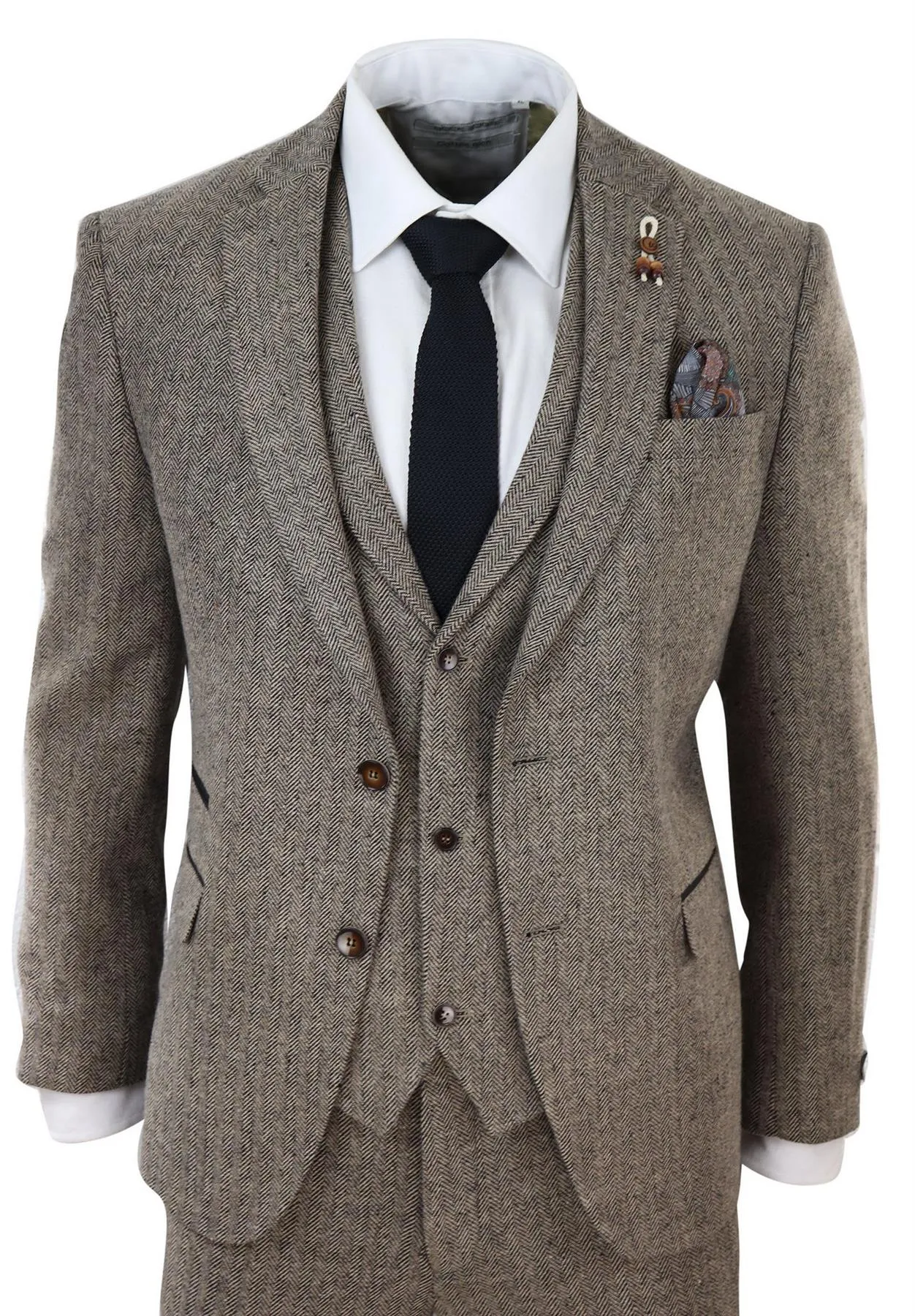 Mens Oak Brown 3 Piece Tweed Suit Vintage Harringbone 1920s Retro Peaky Blinders