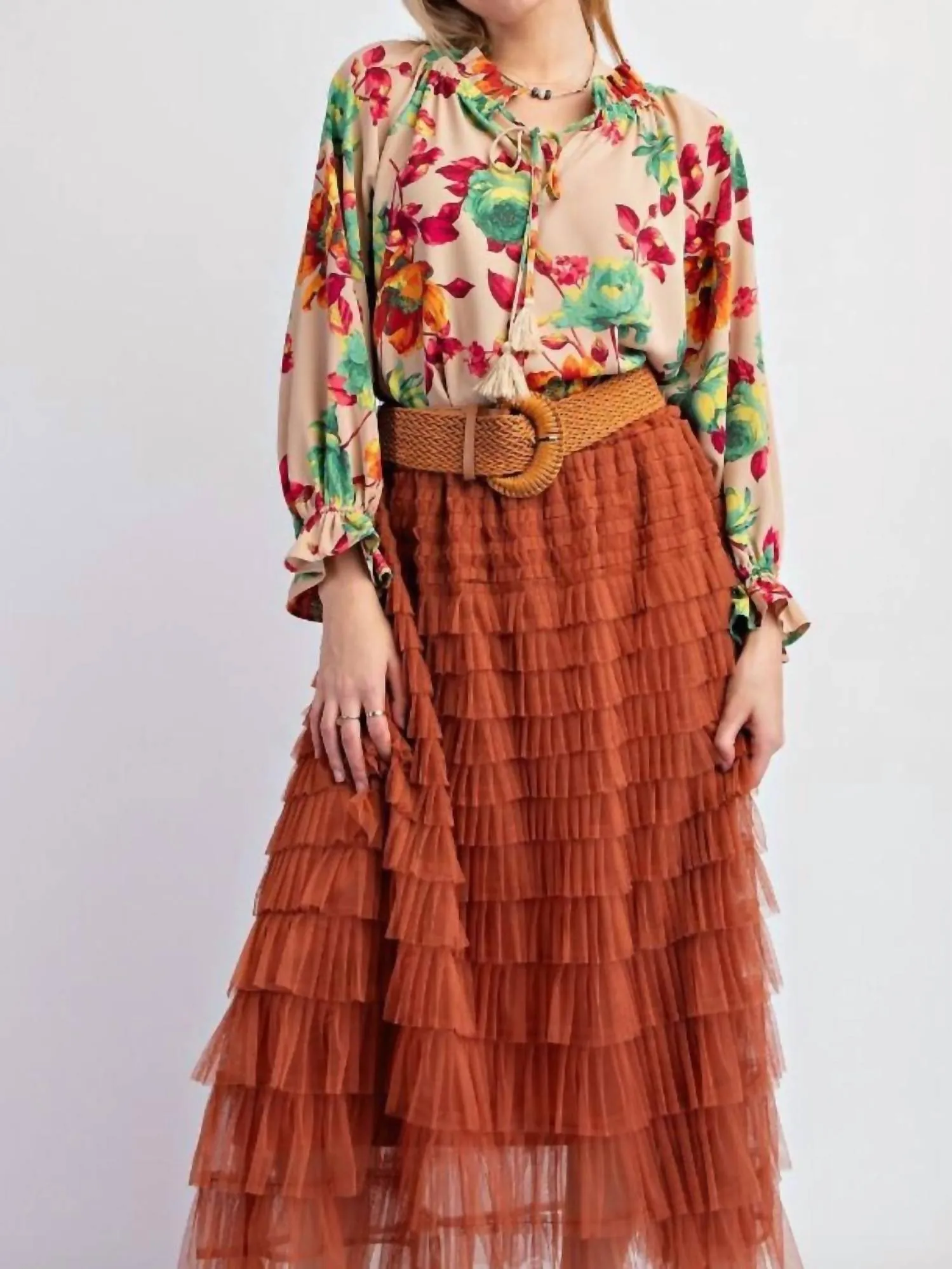 Mesh Ruffle Maxi Skirt In Rust