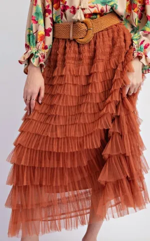 Mesh Ruffle Maxi Skirt In Rust