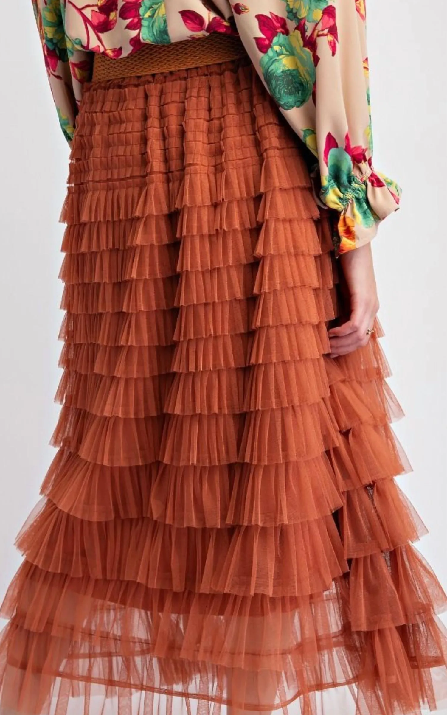 Mesh Ruffle Maxi Skirt In Rust