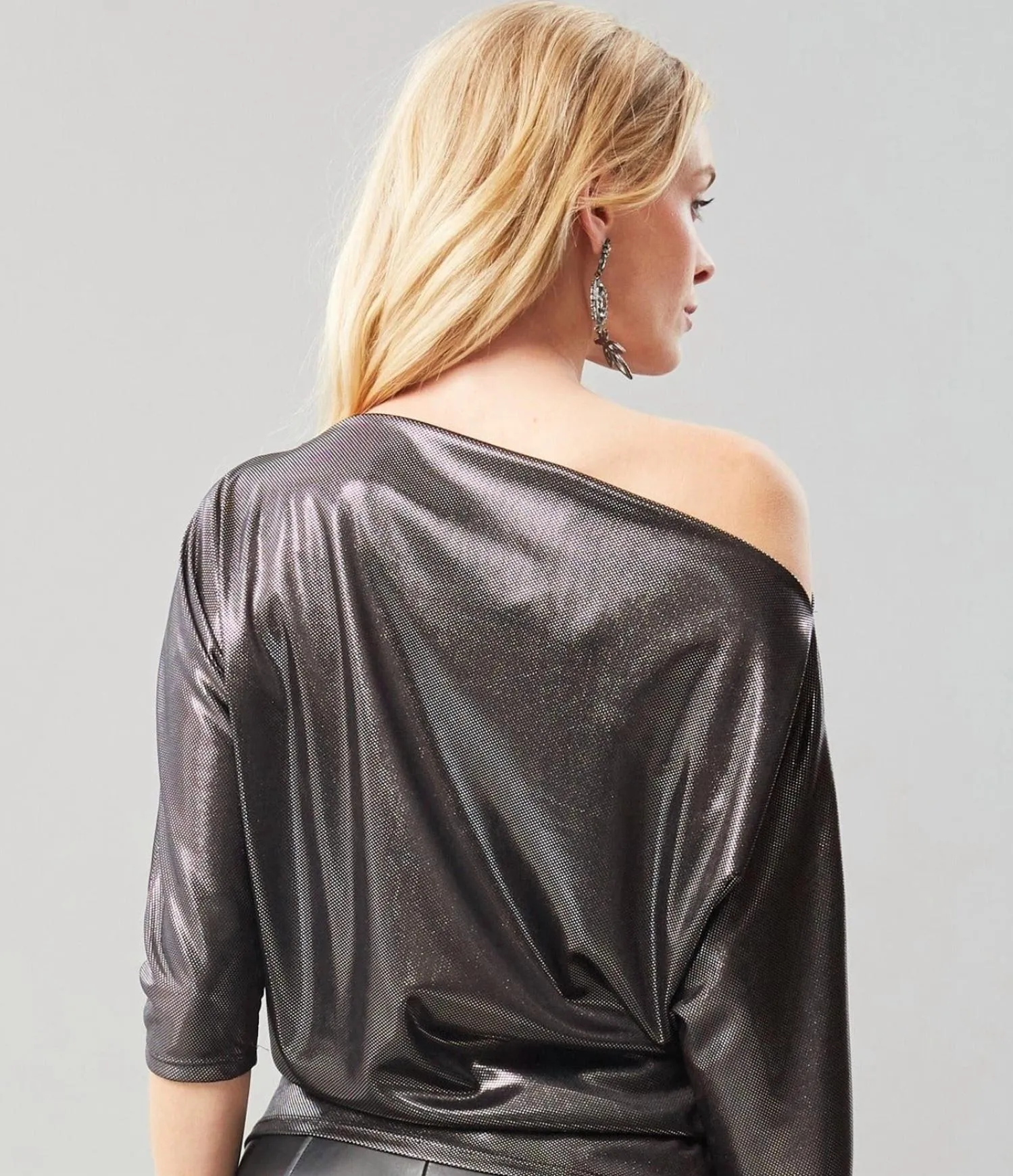 Metallic Dots Off-Shoulder Top In Silver Metallic