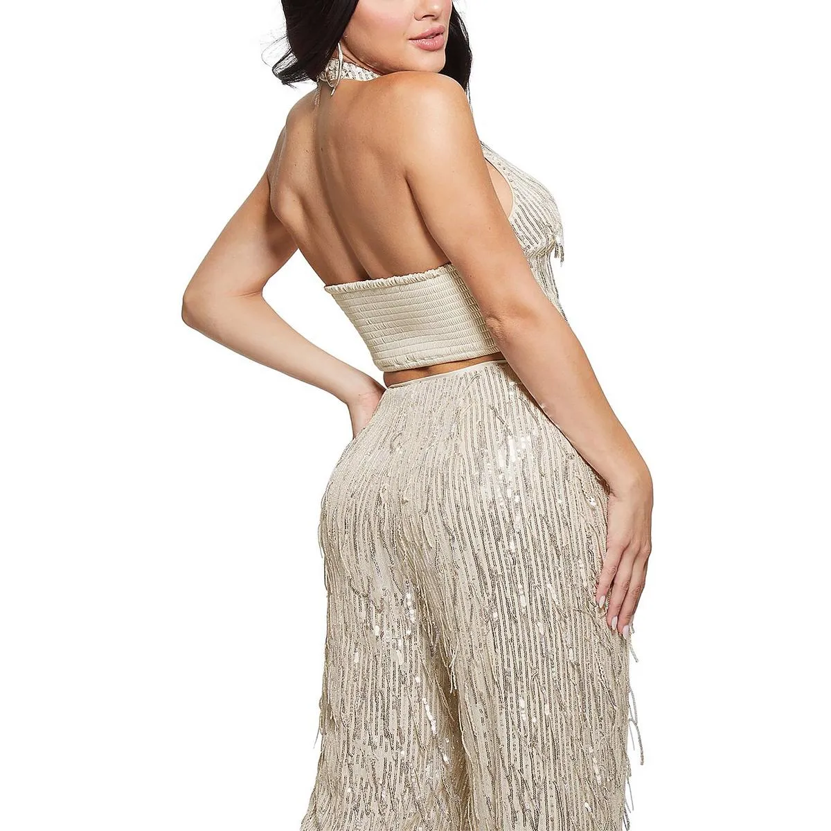 Mia Womens Sequined Smocked Halter Top