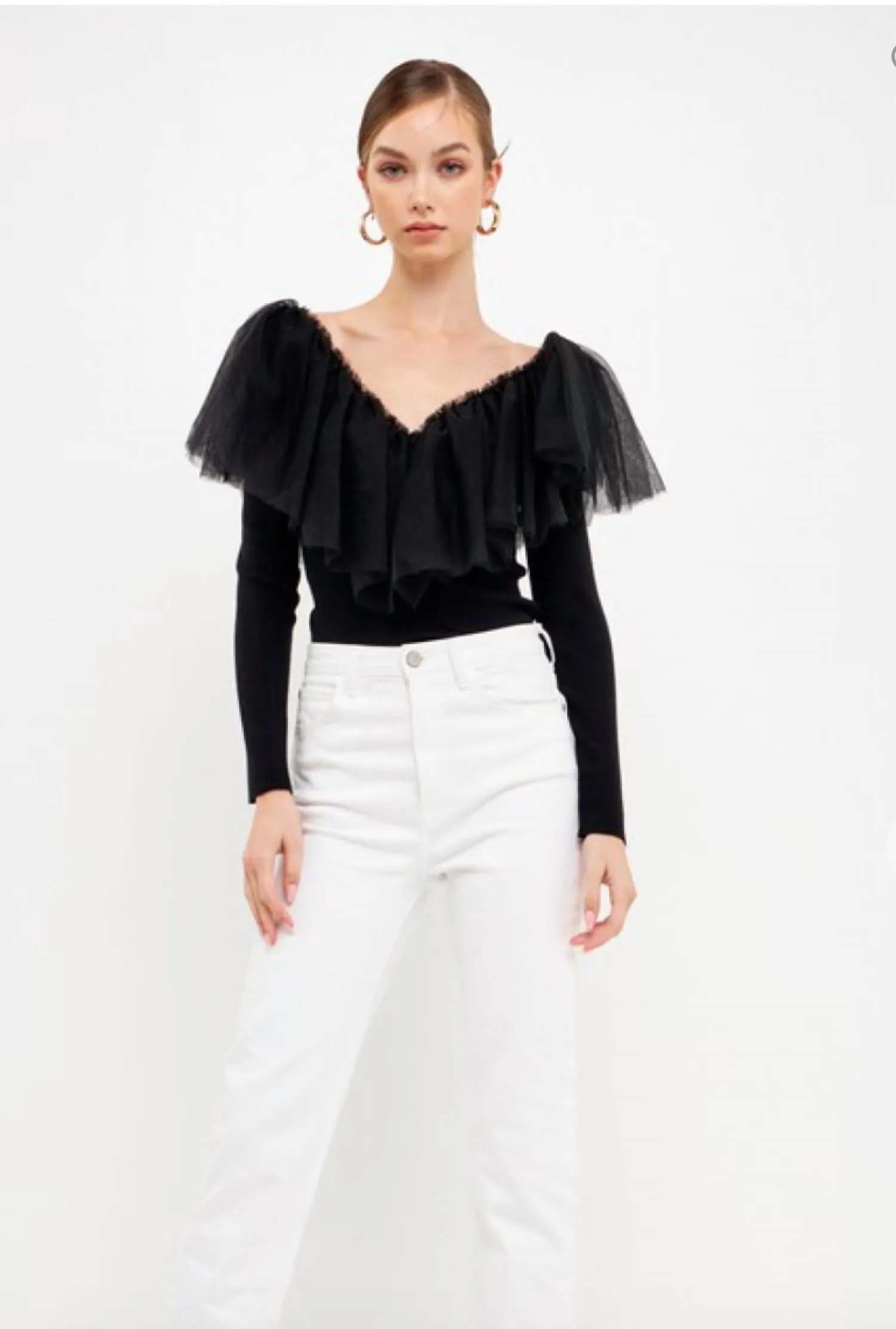Mixed Media Mesh Ruffle Top In Black