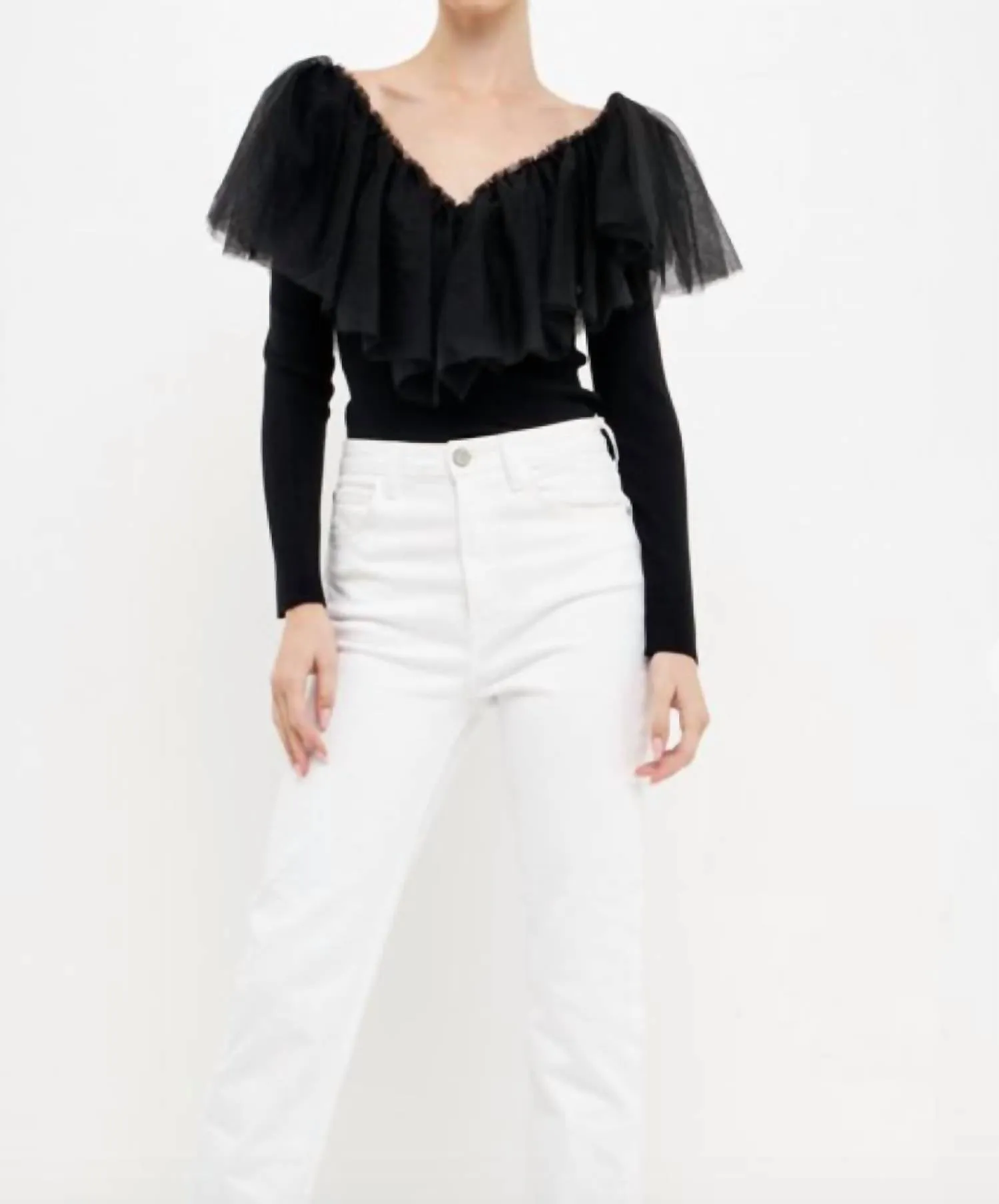 Mixed Media Mesh Ruffle Top In Black