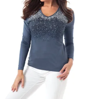 Ombre Sparkle V-Neck Top In Blue Multi