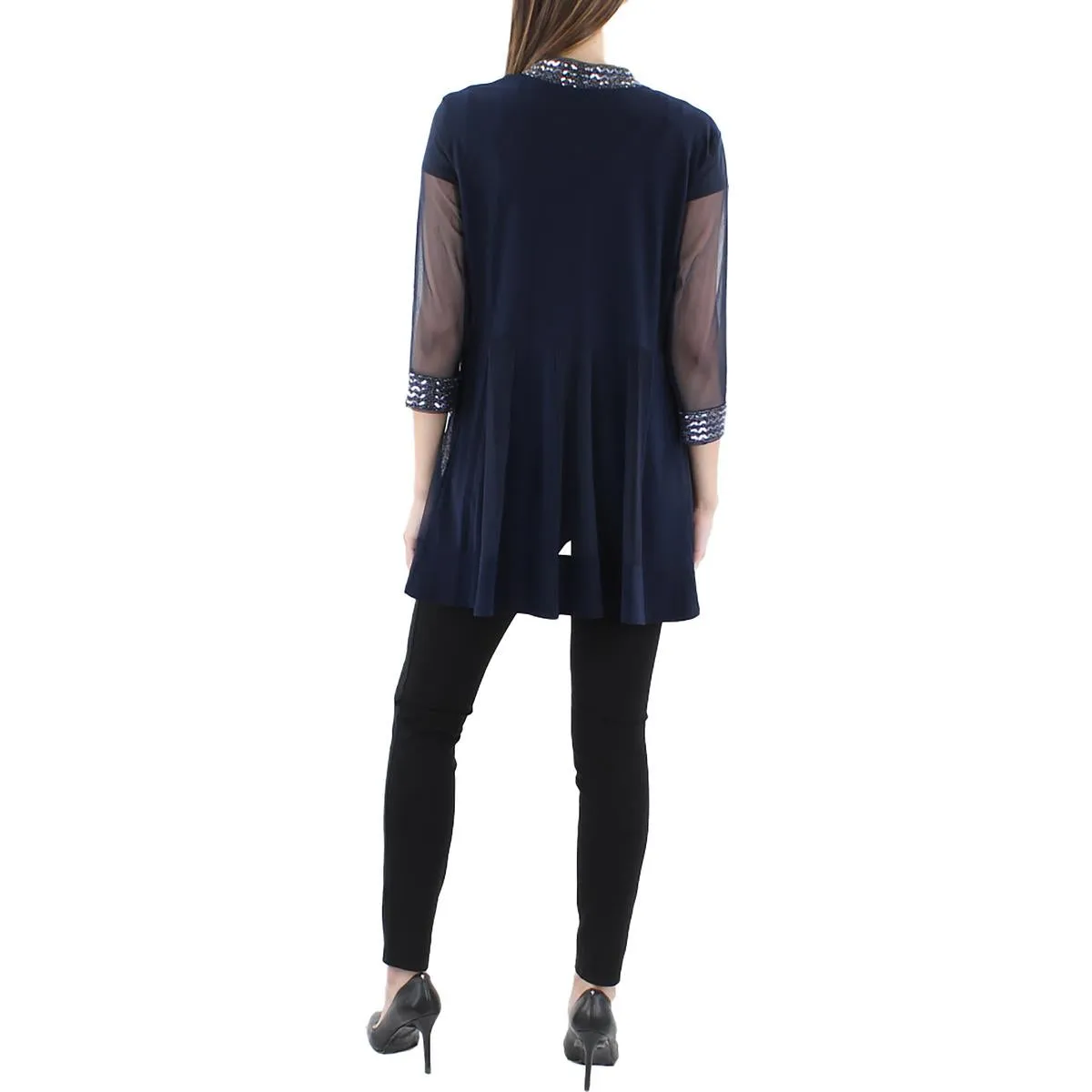 Petites Womens Mesh Embellished Duster Blazer