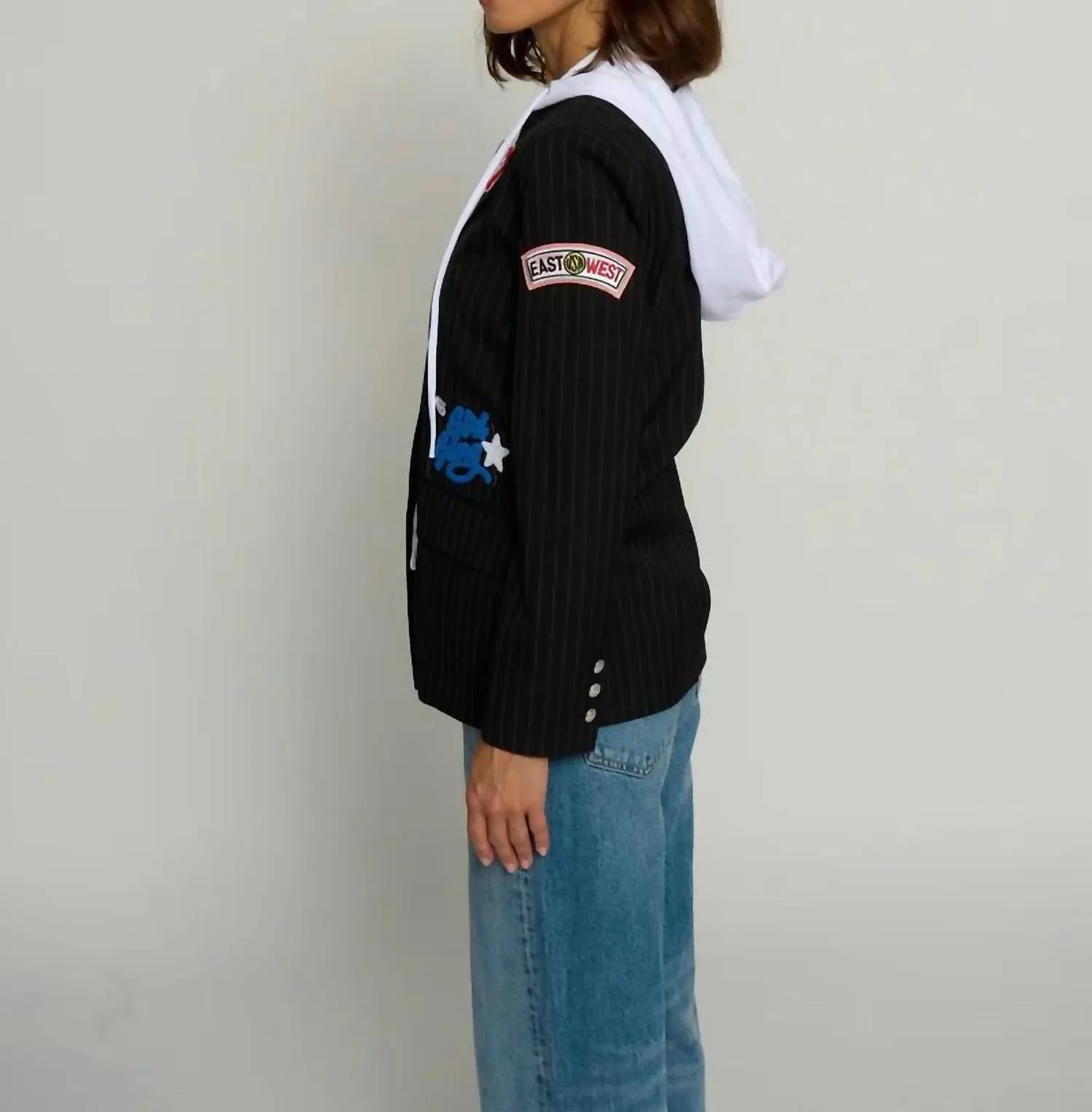 Pinstripe Patch Blazer In Black Pinstripe