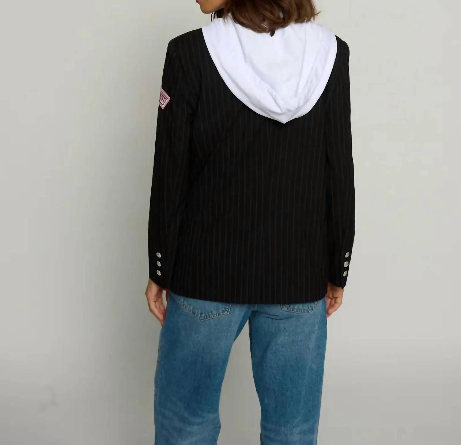 Pinstripe Patch Blazer In Black Pinstripe