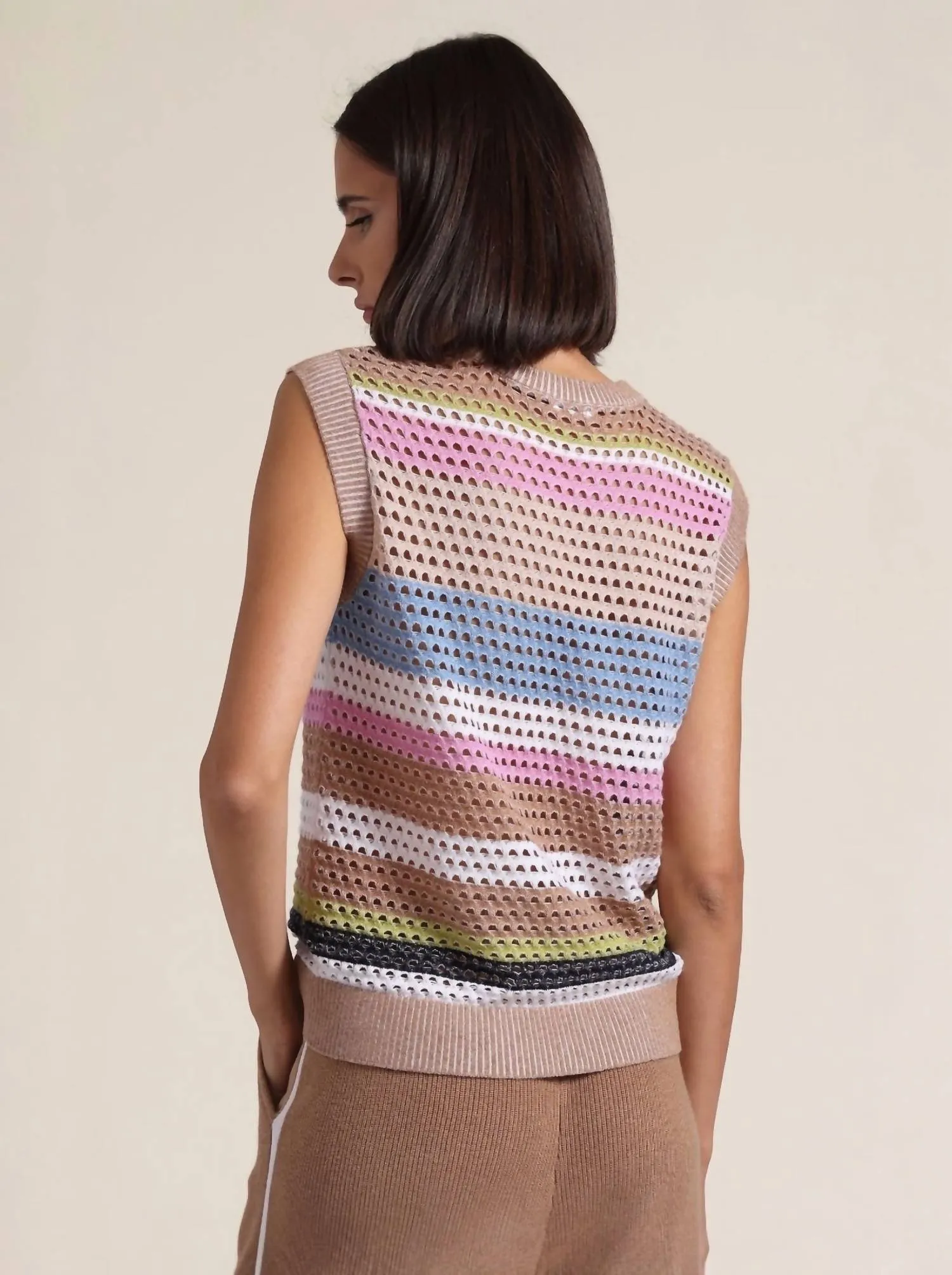 Plaited Mesh Stripe Tank Top In Camel