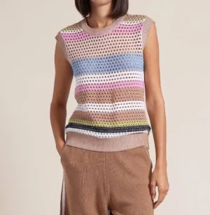 Plaited Mesh Stripe Tank Top In Camel